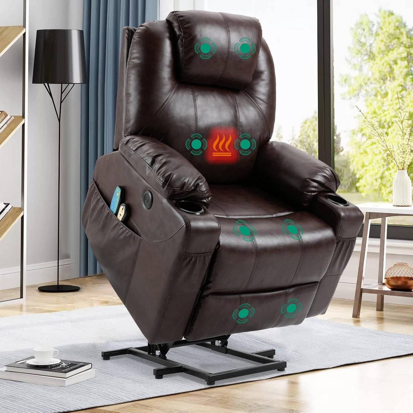VIVIJASON Power Lift Chair Electric Recliner for Elderly Heated Vibration Massage Faux Leather Recliner Chair with 2 Remote Controls, Cup Holders, Side Pockets & USB Ports for Living Room (Black)
