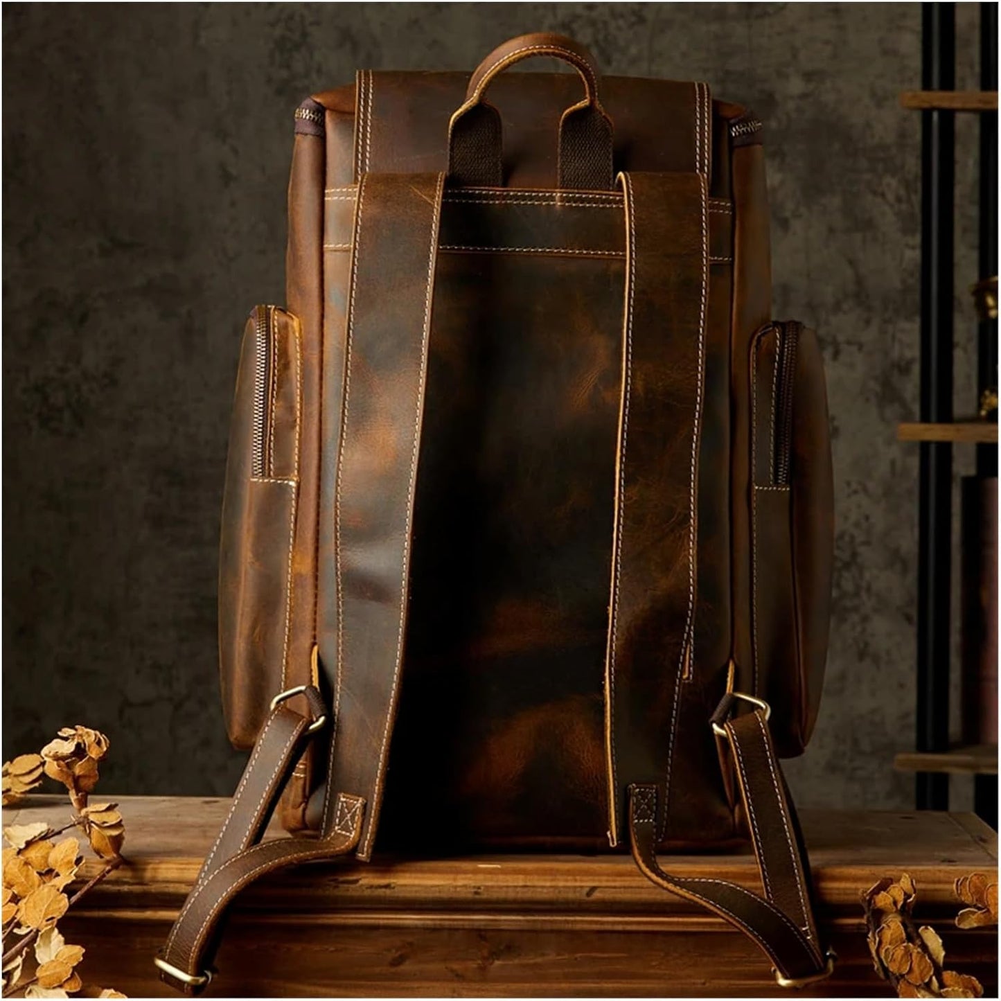 Vintage Genuine Leather Backpack for Men Handmade Shoulder Bag Cowhide Travel Bag Large Capacity Mens Retro Laptop Bag(Brown)