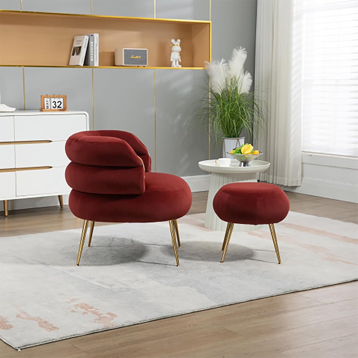 Accent Chair with Ottoman Upholstered Button Tufted Armchair for Living Room, Butacas para Sala Modernas Barrel Lounge Chair with Sturdy Metal Legs (Wine RED + Velvet)