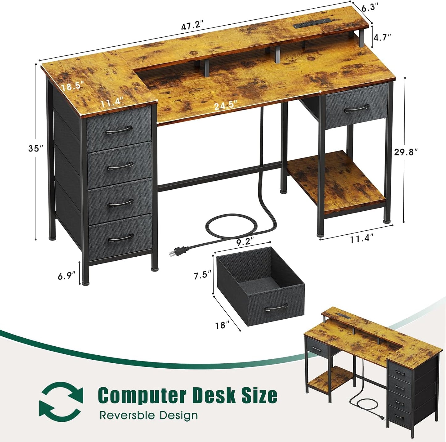 47 Inch Computer Desk with Monitor Stand and Shelf, Rustic Brown
