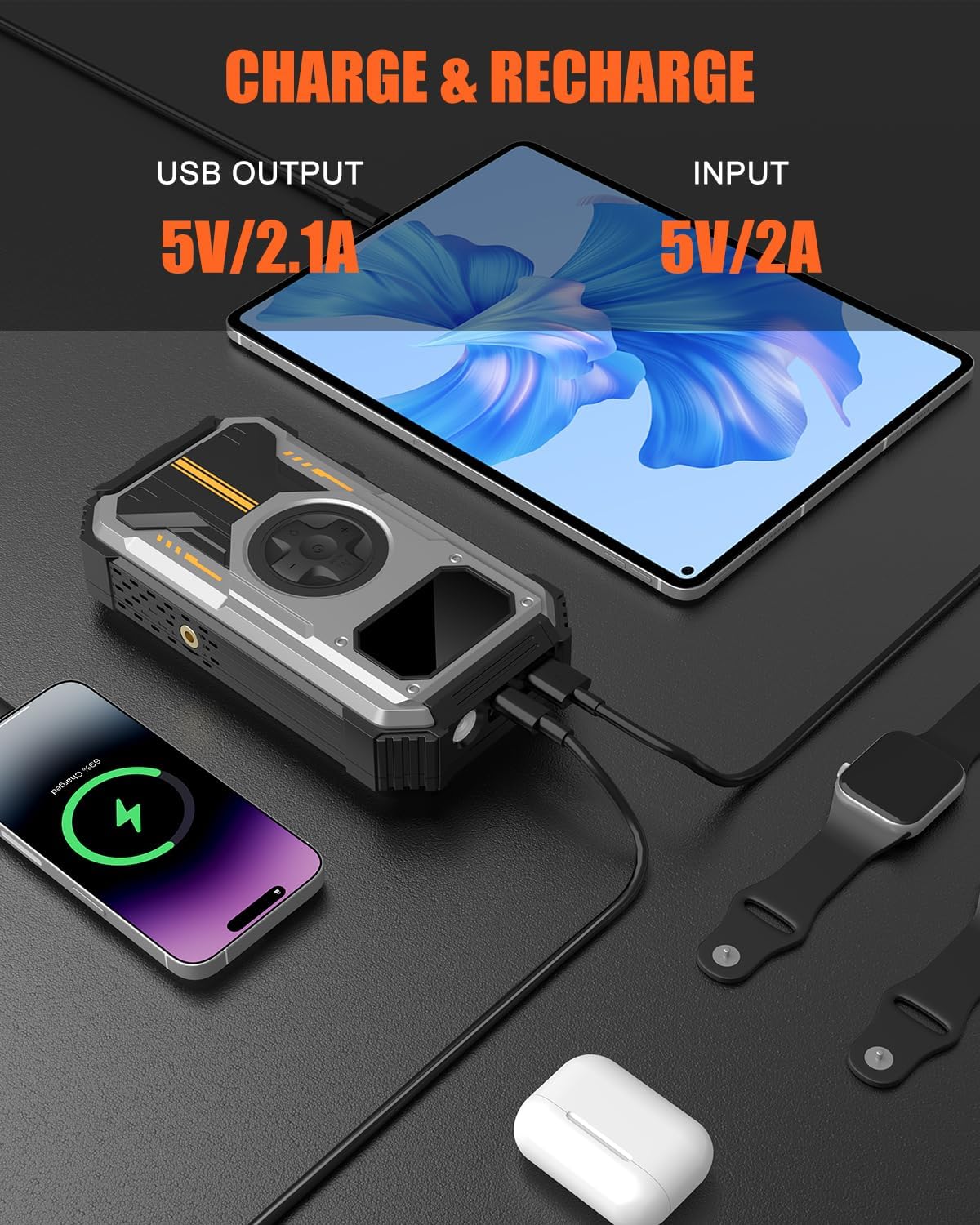 Car Battery Jump Starter with Air Compressor, Rechargeable Car Jumper Portable 6000A (Up to 7.5L Gas, 6L Diesel), LCD Display LED Flashlight Operating Temperature -20℃ to 70℃ (PD-270, 6000A)