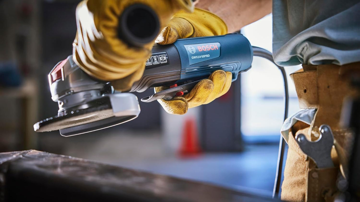 BOSCH GWX14-50PBD 5 In. X-LOCK™ Angle Grinder - 13-Amp Motor, 11,500 RPM, Lightweight Design, Paddle Switch, Brake System, Anti-Vibration Handle, KickBack Control, Overload Protection