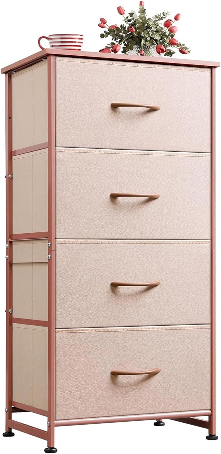 WLIVE Dresser with 4 Drawers, Fabric Storage Tower, Organizer Unit for Bedroom, Hallway, Entryway, Closets, Sturdy Steel Frame, Wood Top, Easy Pull Handle, Rustic Brown Wood Grain Print