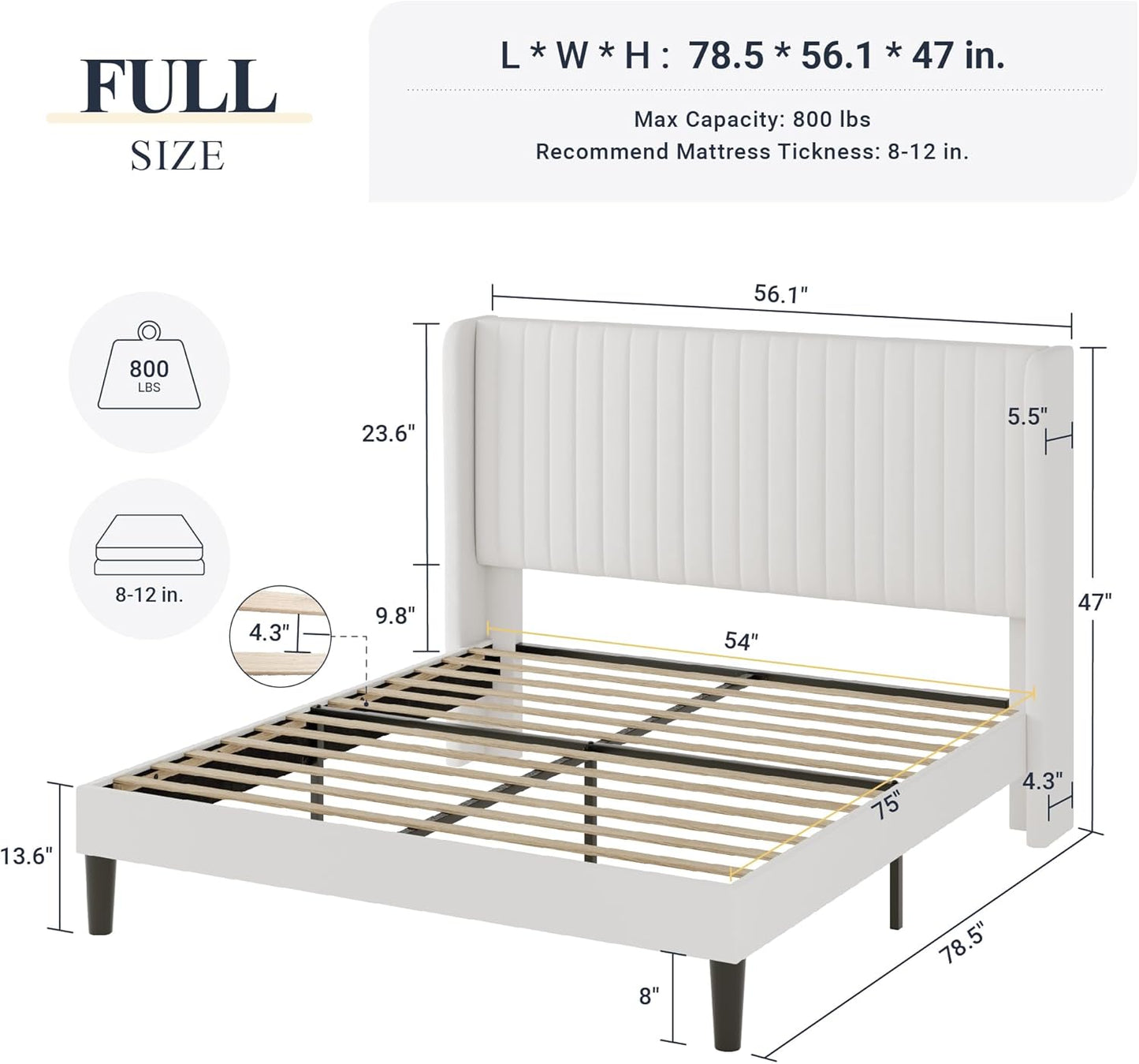Allewie Full Size Velvet Bed Frame/Vertical Channel Tufted Wingback Headboard/Upholstered Platform Bed/Strong Wooden Slats/No Box Spring Needed/Easy Assembly/White