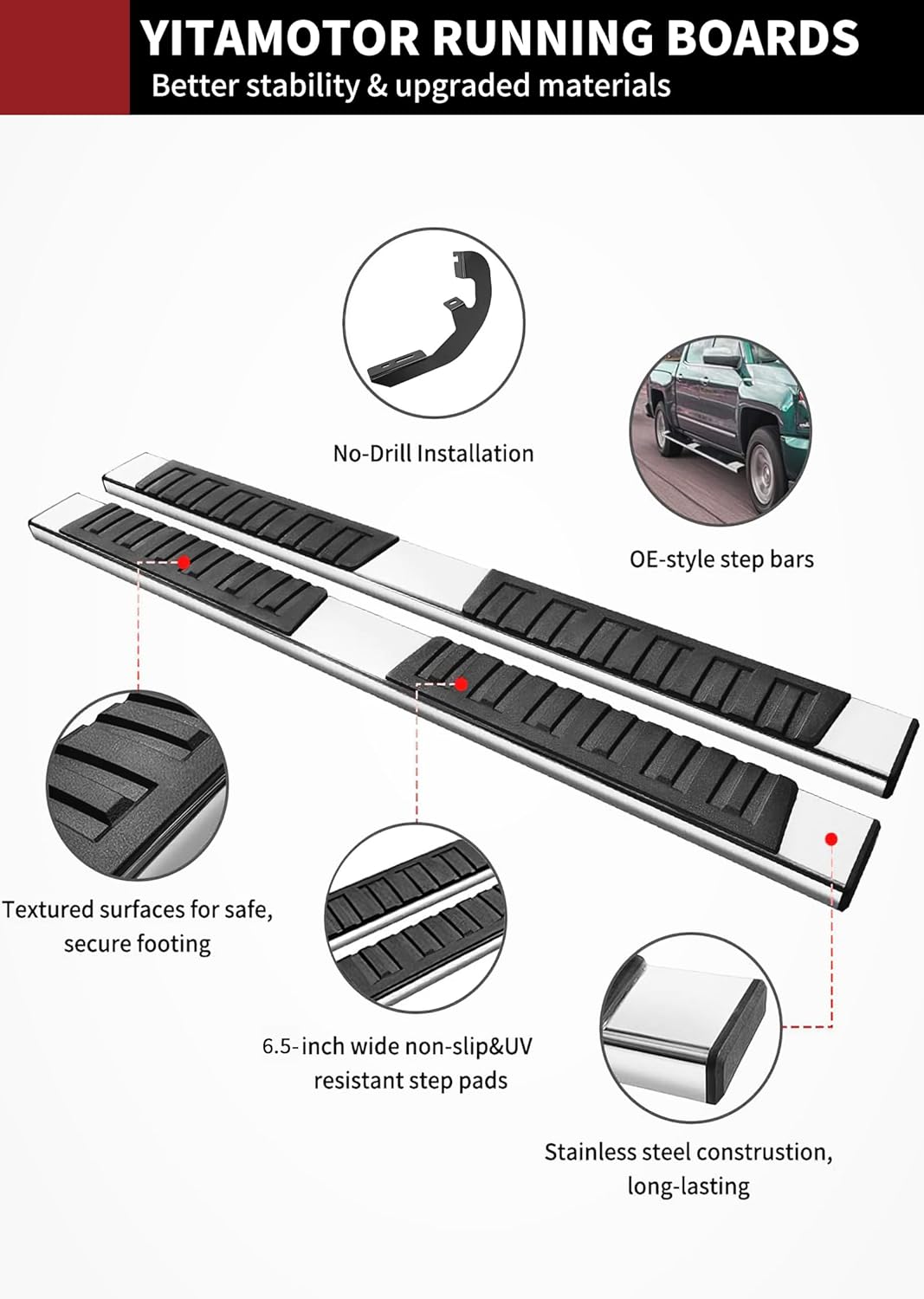YITAMOTOR 6.5 Inches Running Boards Compatible with 2019-2025 Chevy Silverado/GMC Sierra 1500 Crew Cab, 2020-2025 2500HD 3500HD, Running Boards for Silverado Crew Cab, Side Step Bars Stainless Steel