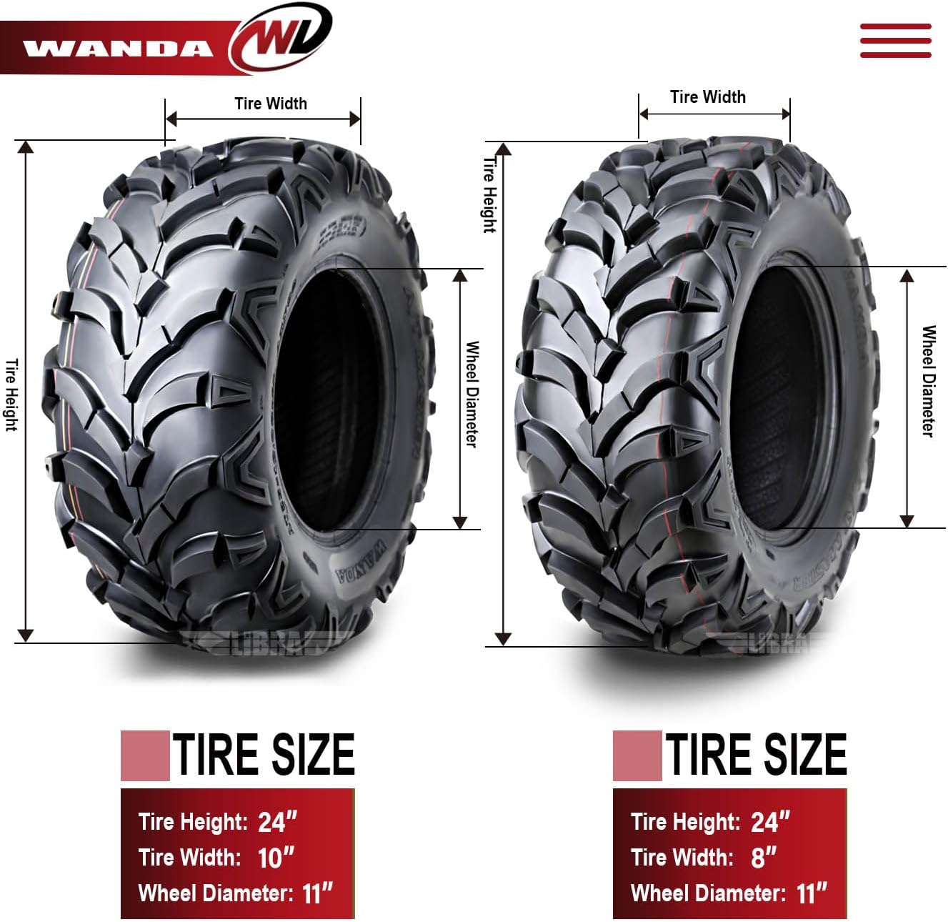 WANDA (Set 4) 24x8-11 24x8x11 & 24x10-11 24x10x11 ATV Tire Set 6-Ply Solid Mud-20mm Deep Tread