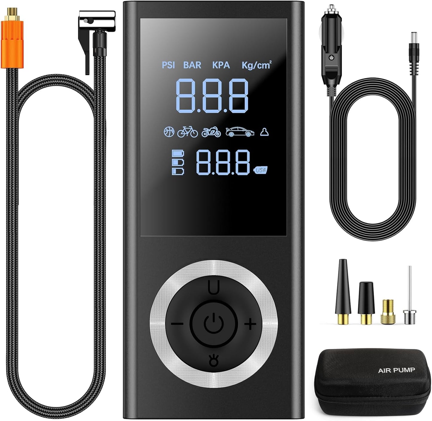 Tire Inflator Portable Air Compressor, Cordless Air Pump for Car Tires with Digital Pressure Gauge, LED Light,12V Car Power Adapter, Storage Box