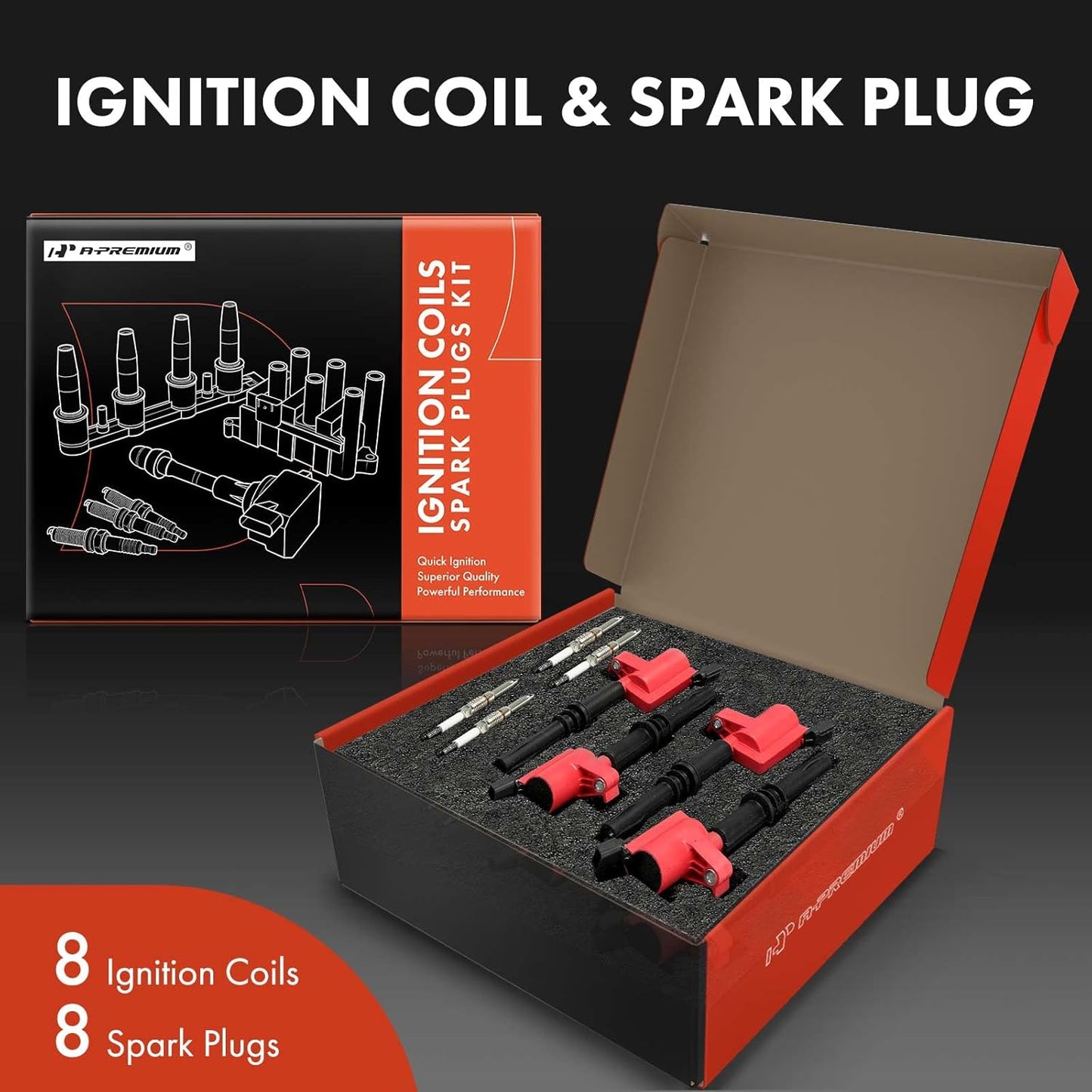 A-Premium (Red) Set of 16 Ignition Coil Pack and Iridium Spark Plugs Compatible with Ford F-150 2004-2008, Expedition 2005-2008, F-250 Super Duty & Lincoln Mark LT, Navigator V8 5.4L, Replace# FD508