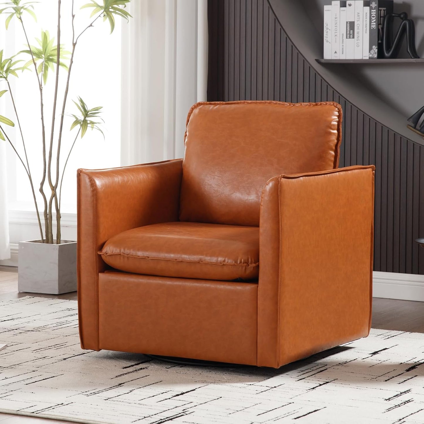 Swivel Accent Chair Set of 2, Leather Upholstered Arm Chair with Back Pillow Mid Century Modern Barrel Chairs for Living Room, Bedroom, Corner, Club (Black)