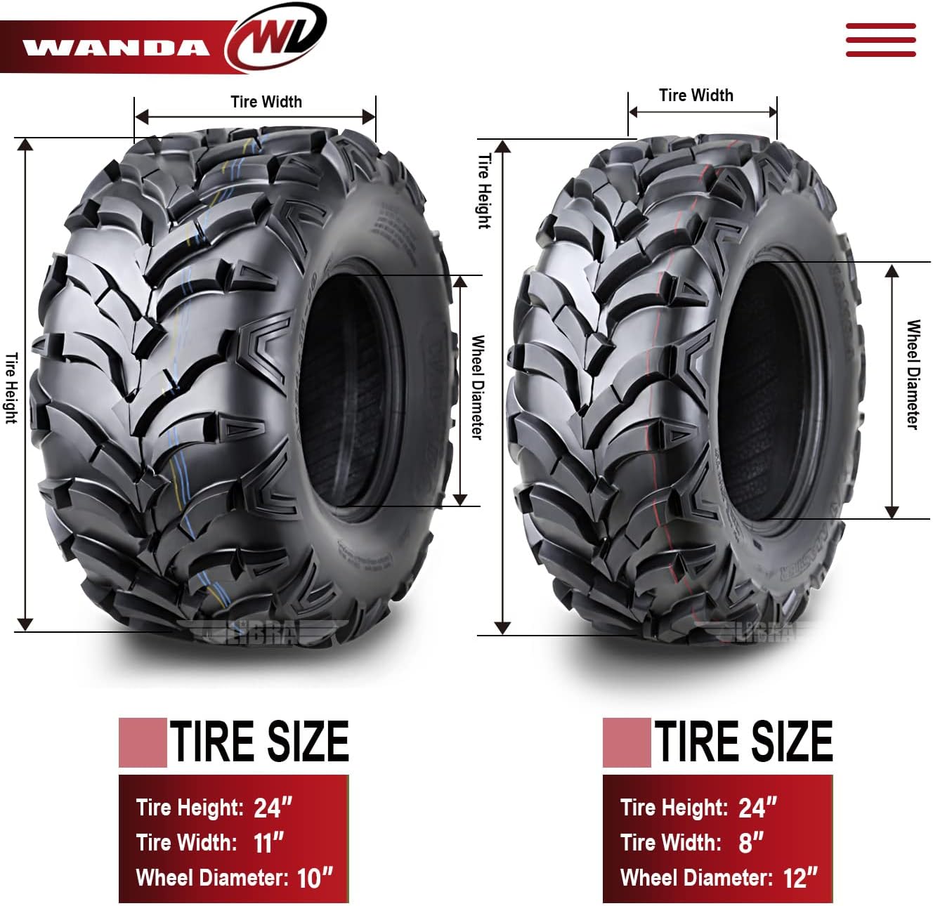 WANDA Set 4 ATV tires 24x8-12 & 24x11-10 00-02 Polaris Magnum 325 Xpedition 325