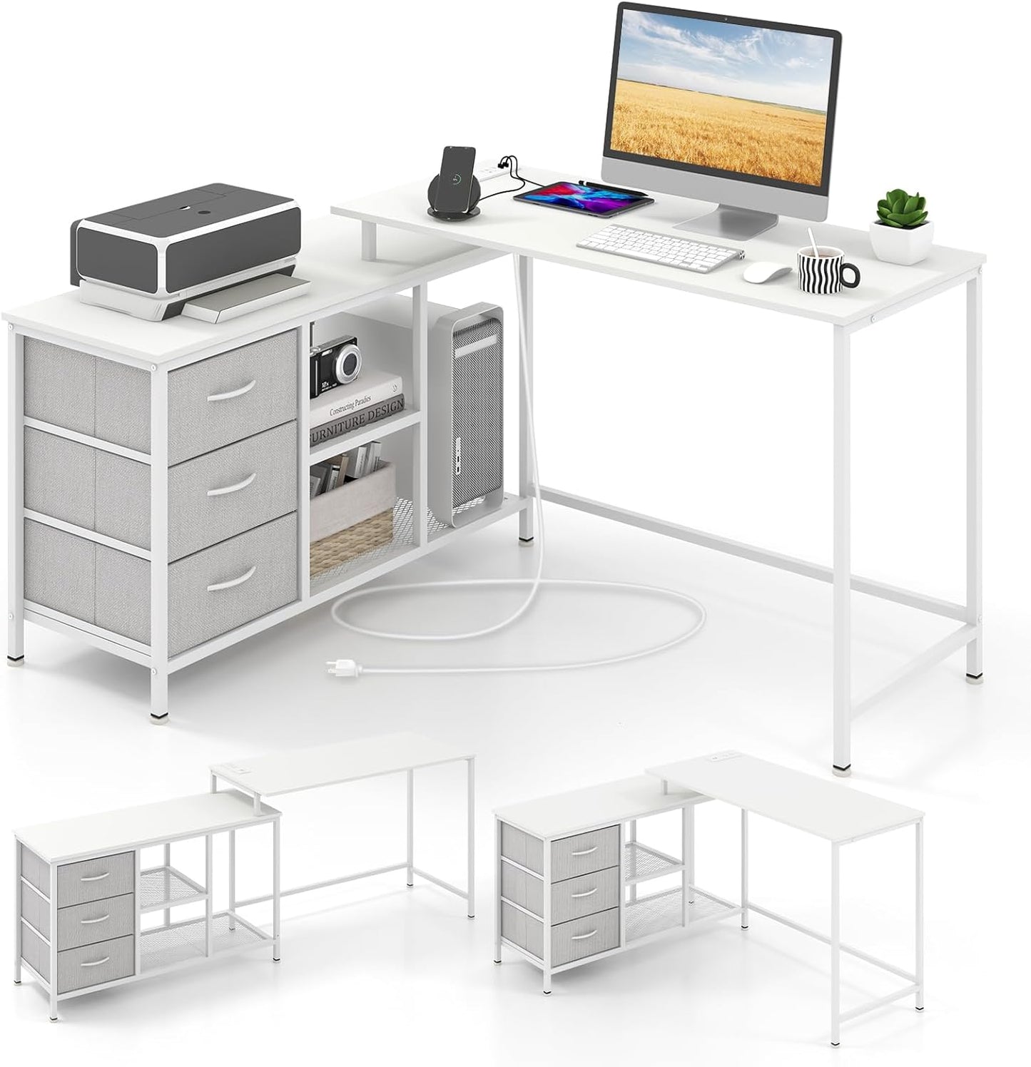 Tangkula 81 Inch L-Shaped Desk with Power Outlet, Convertible Corner Desk with Drawers & Shelves, Office Desk for Working, Studying, Gaming (Black)