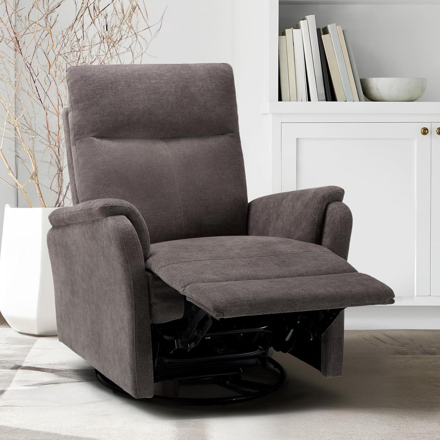 Swivel Rocking Recliner Glider Chair, Upholstered Fabric Reclining Rocker Chair with Footrest for Nursery, Living Room, Bedroom-White