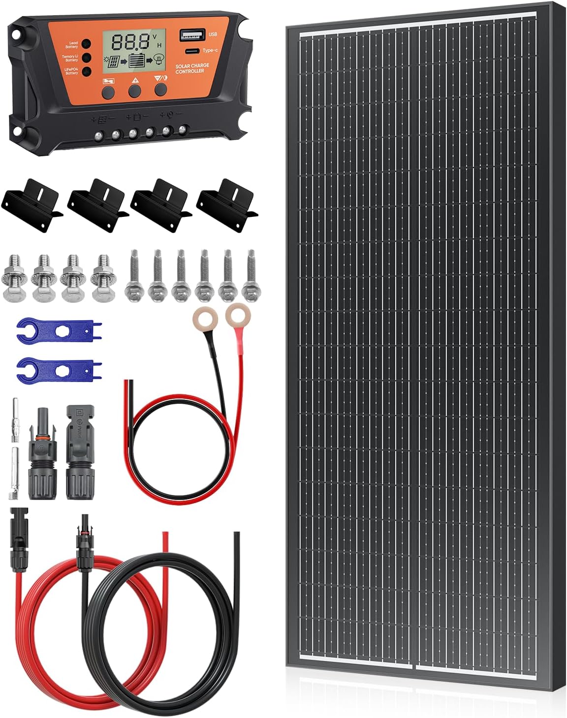 100 Watt 12V Solar Panel Kit with 30A PWM Charger Controller, 10AWG Solar Cable & Tray Cable, Z Brackets for RV, Battery, Boat, Camper, Cabin, Off-Grid System (100W Solar Panel Kit)