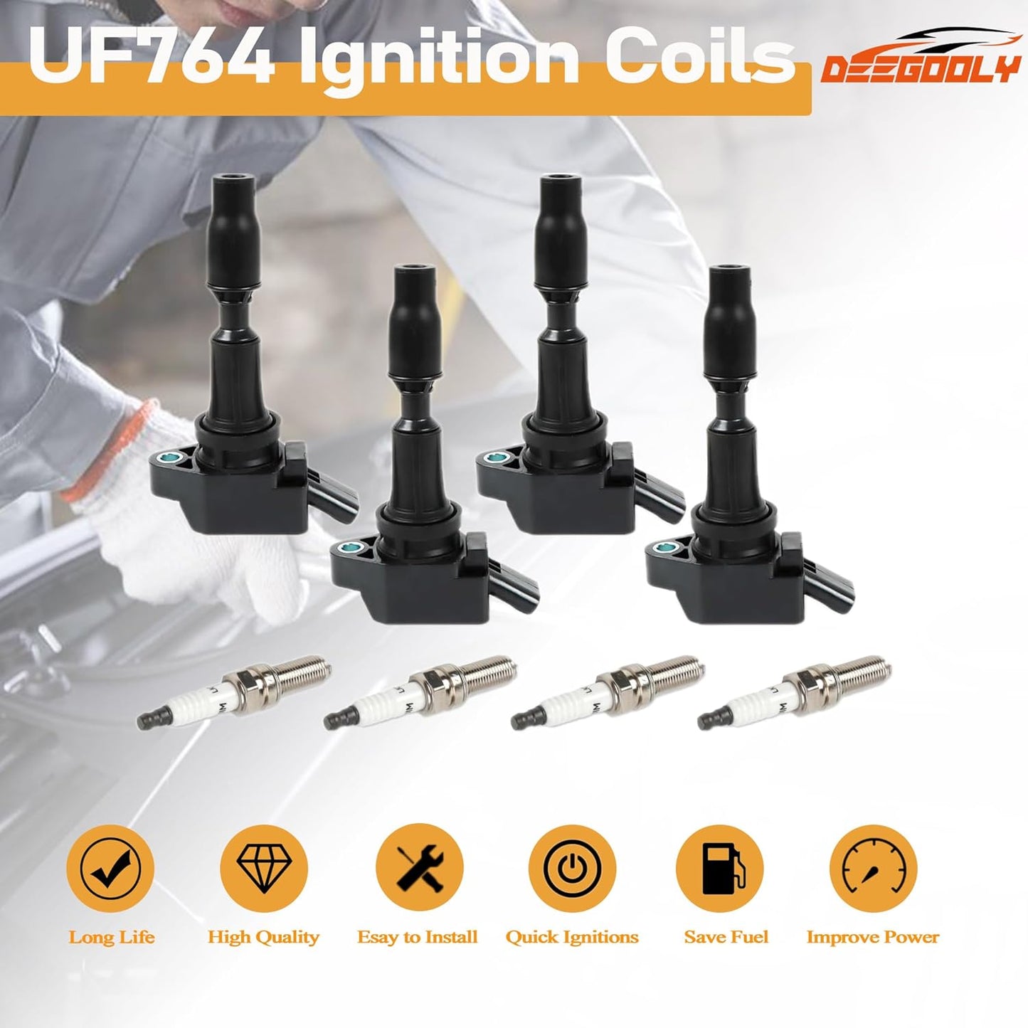4PCS UF-764 Ignition Coils Pack & Iridium Spark Plugs Compatible with Hyundai Santa Fe 2019-2020 L4 2.4L & Kia Optima 2016-2020 L4 2.4L & Genesis G70 2019-2021 L4 2.0L