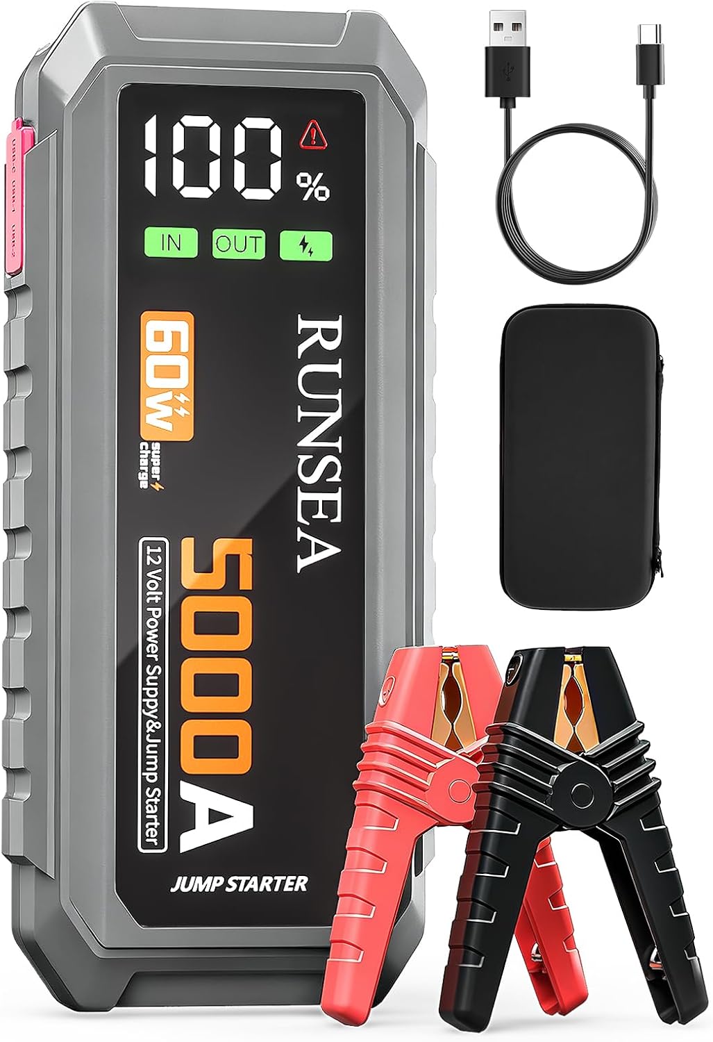 5000A Portable Jump Starter,60W Quick Charge Speed 12V Car Battery Jump Starter,LED Display,26000mAh Portable car Jump Starter Battery Pack(All Gas and 10L Diesel Engine),LED Light,Jumper Cables