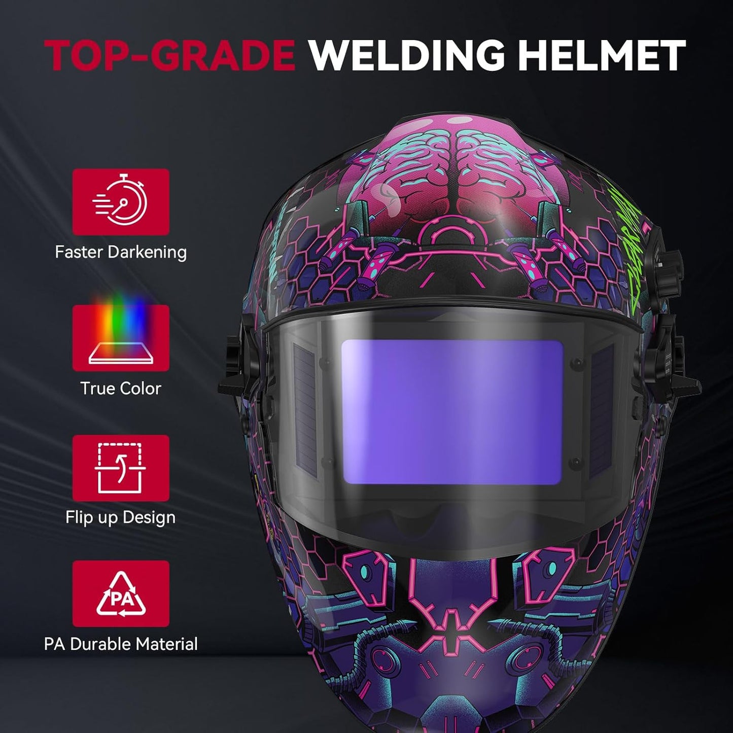 ARCCAPTAIN Flip Up Design Welding Helmet, Large Viewing 3.94" x 2.56" Auto Darkening Welding Hood, Ture Color Solar Powered Welding Mask, 4 Arc Sensor with Adjustable Shade 3/4-8/9-13, Cyberpunk