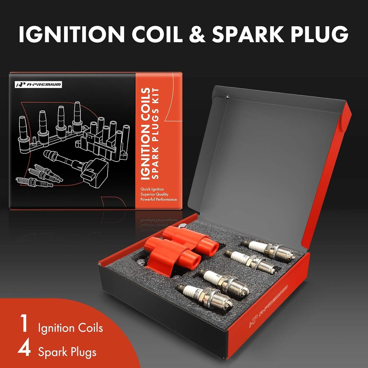 A-Premium (Red) 1x Ignition Coil Pack and 4x Iridium Spark Plugs Compatible with Subaru Outback 2005-2009, Forester 2005-2008, Impreza 2005-2010, Legacy 2005 & Saab 9-2X 2005-2006, 2.5L