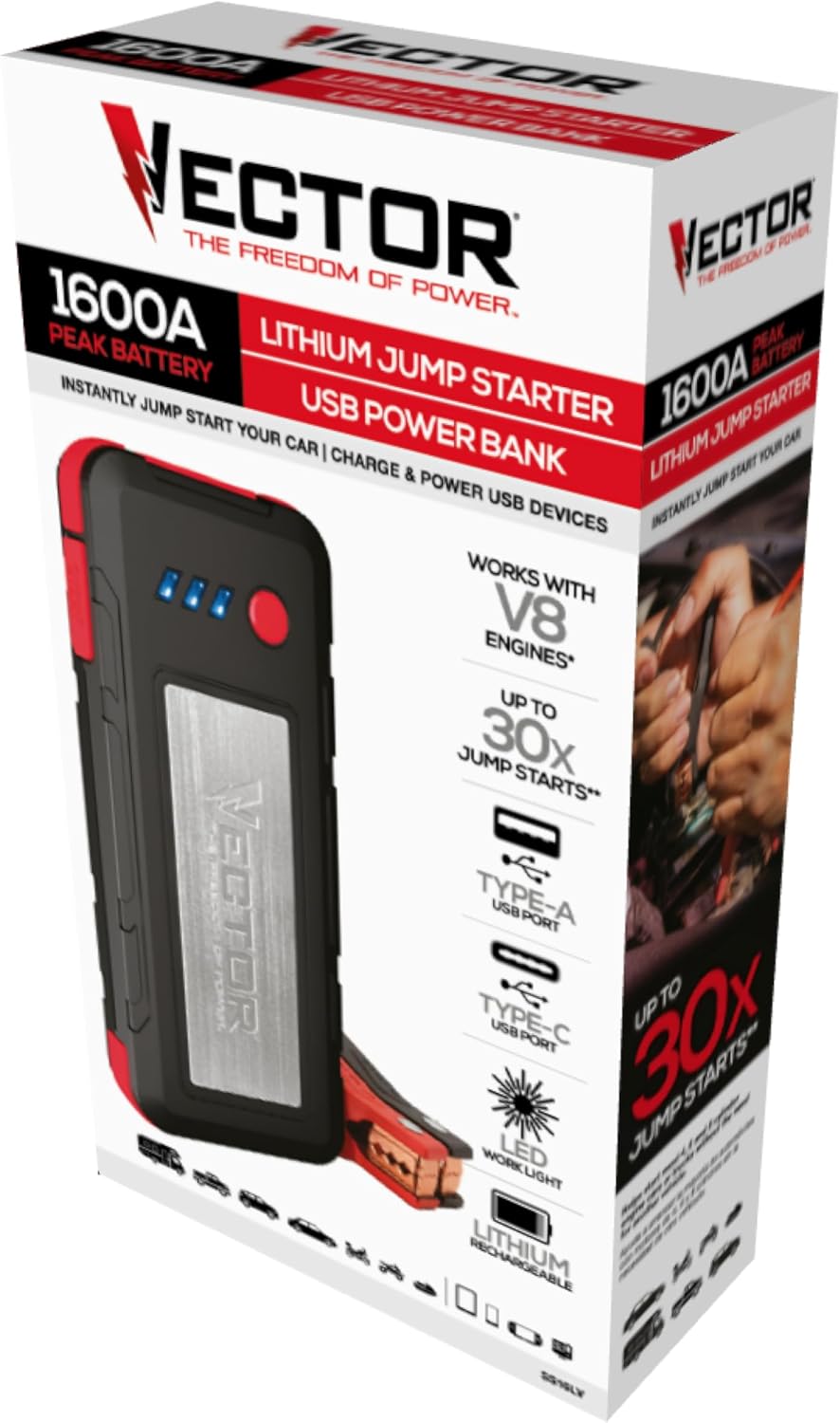 VECTOR SS16LV 1600 Peak Amp Lithium Jump Starter Battery Booster, USB-A and USB-C (3.1 Amps), Power in & Out, LED Work Light, & Heavy Duty Powder Coated Clamps