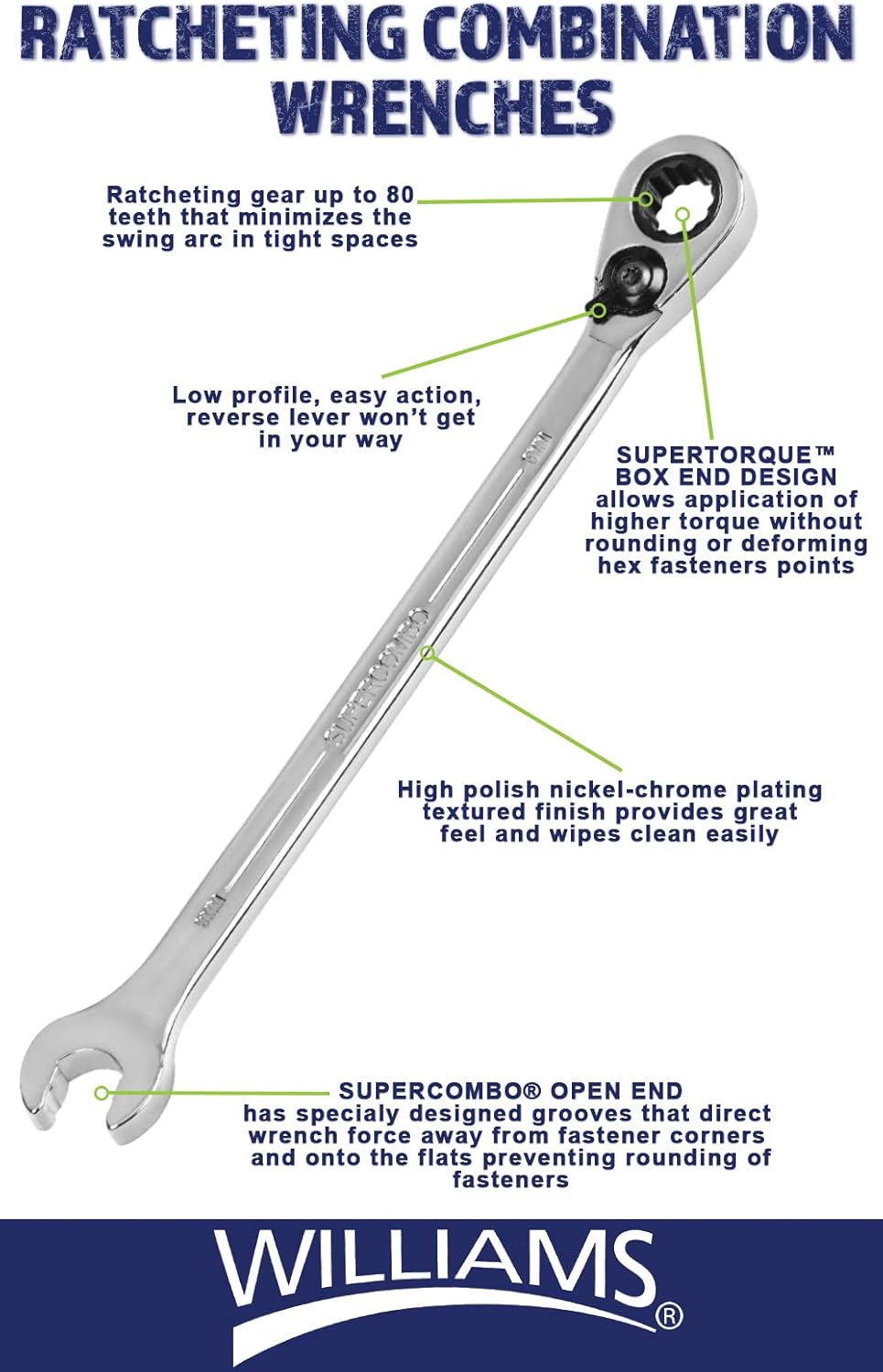 Williams MWS-12RC 12-Piece Metric Reversible Ratcheting Combination Wrench Set