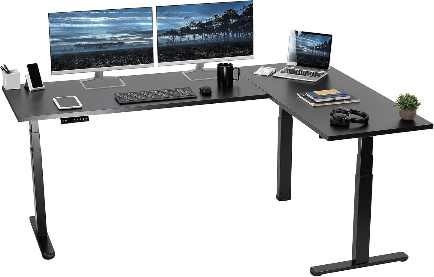 VIVO Electric Height Adjustable 83 x 60 inch Corner Stand Up Desk, 2 Light Wood Solid Table Tops, White Frame, Memory Controller, L-Shaped Workstation, 3E Series, DESK-KIT-3E8C