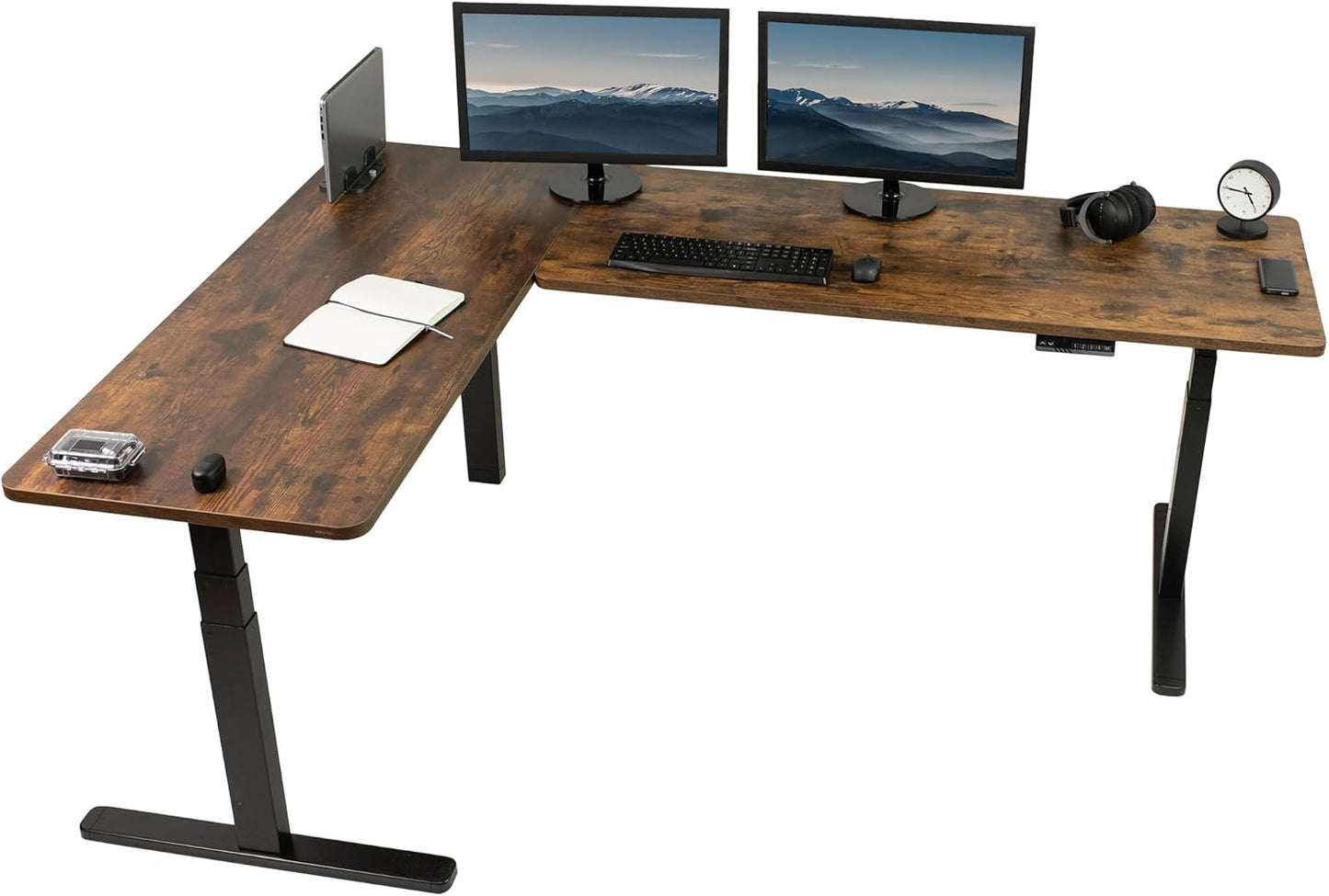 VIVO Electric Height Adjustable 83 x 60 inch Corner Stand Up Desk, 2 Light Wood Solid Table Tops, White Frame, Memory Controller, L-Shaped Workstation, 3E Series, DESK-KIT-3E8C