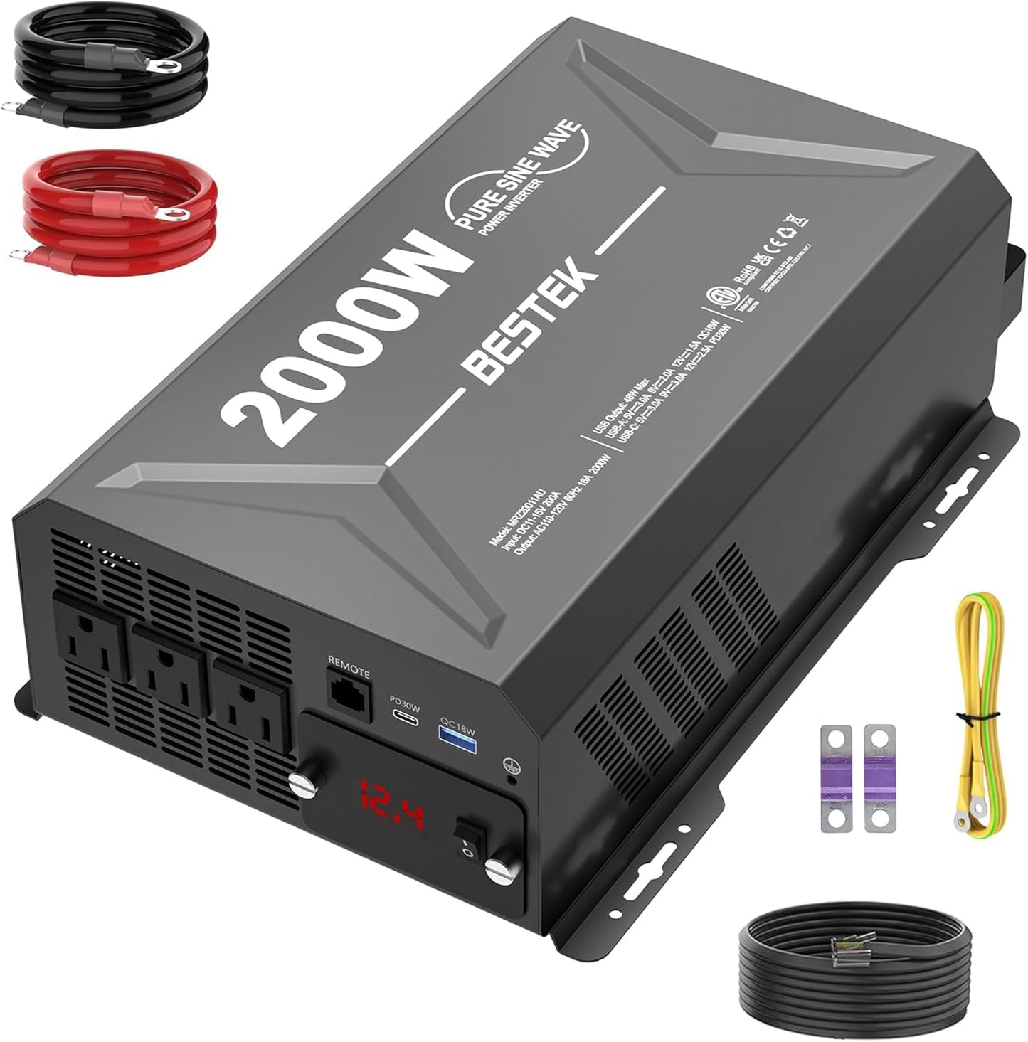 BESTEK Pure Sine Wave Power Inverter - 1000W Car Inverter DC 12V to 110V AC - Car Charger Adapter Outlet with 4.8A Dual USB Charging Ports - Digital LCD Display - Aluminum Housing - Rubber Handle