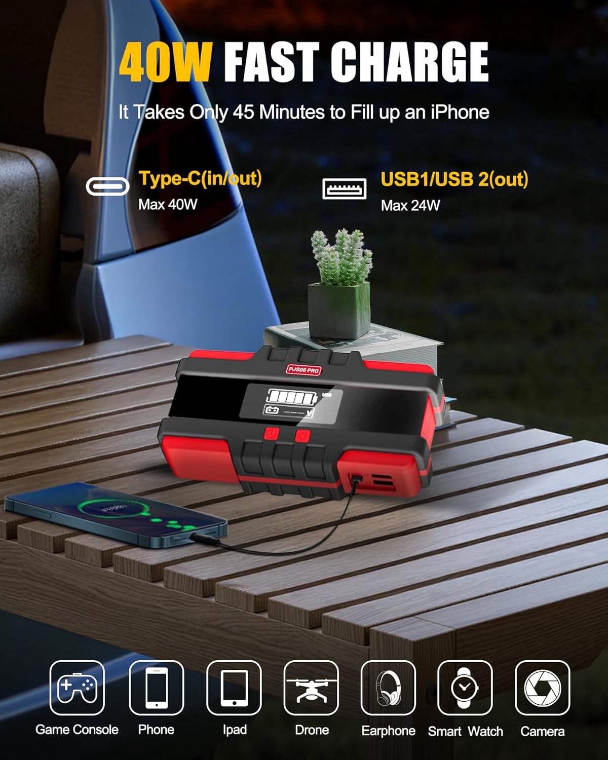 6000A Car Jump Starter (All Gas & 12L Diesel), 74Wh Portable Power Bank with 40W Fast Charge, Smart LCD Display, Red Warning Light