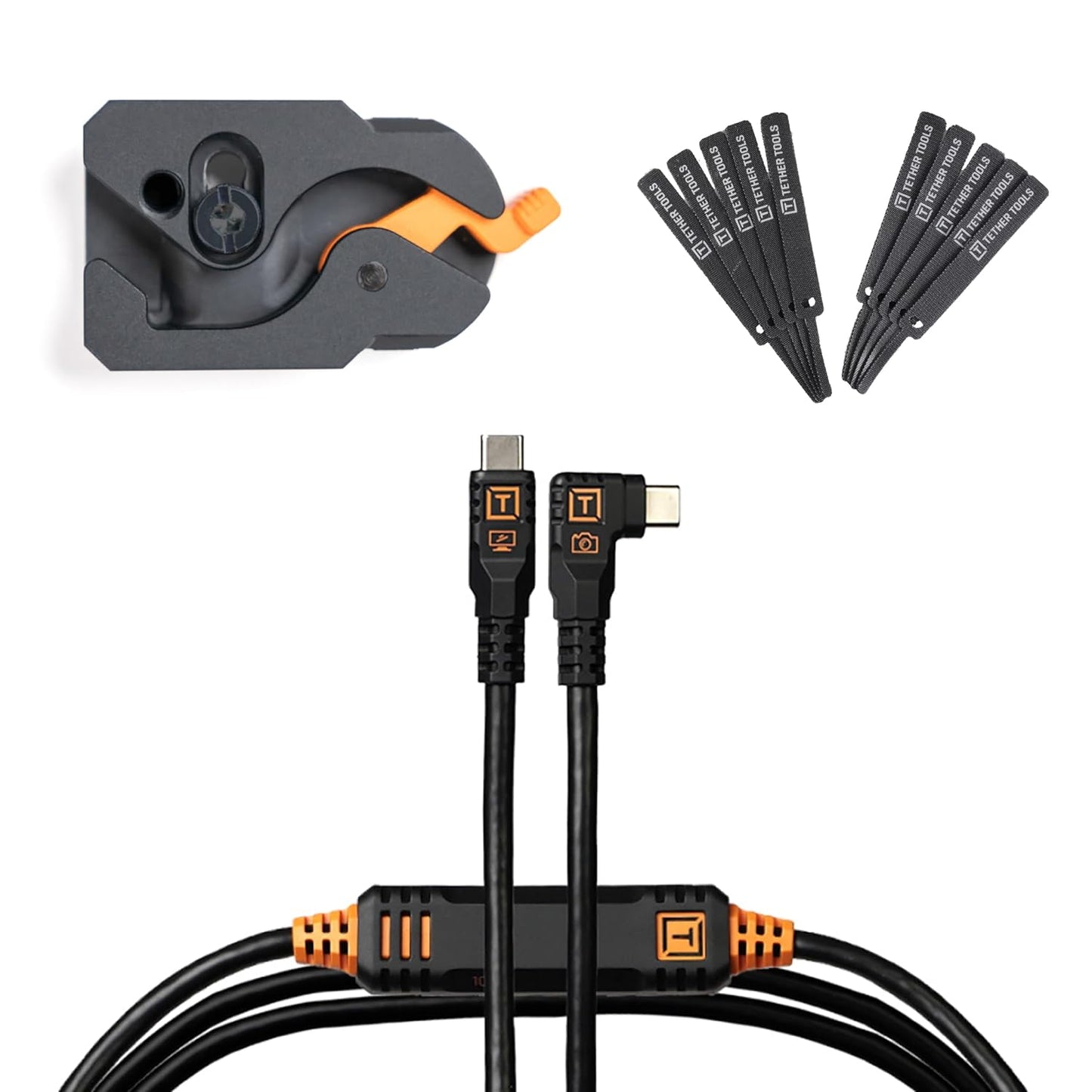 Tether Tools TetherGuard LeverLock Plate Camera Port Protection and TetherPro Optima 10G High-Speed USB-C 15ft (4.6m), Straight to Right Angle, Non-Reflective Black Tethering Cable