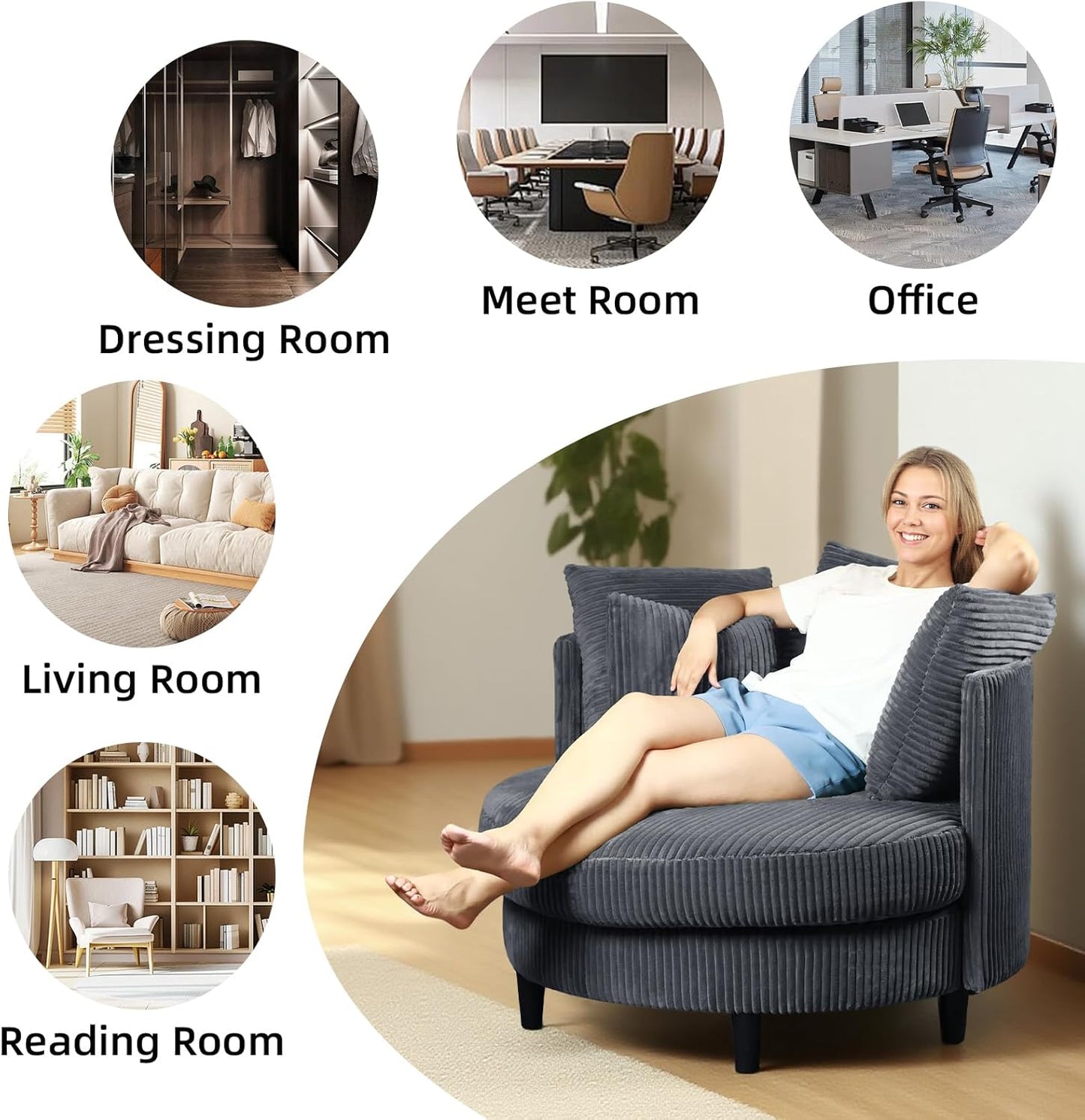 41" Oversized Accent Barrel Chair Large Round Chair, Modern Upholstered Circle Accent Chair with Legs & 5 Pillows for Living Room, Bedroom, Corduroy Chair, Grey
