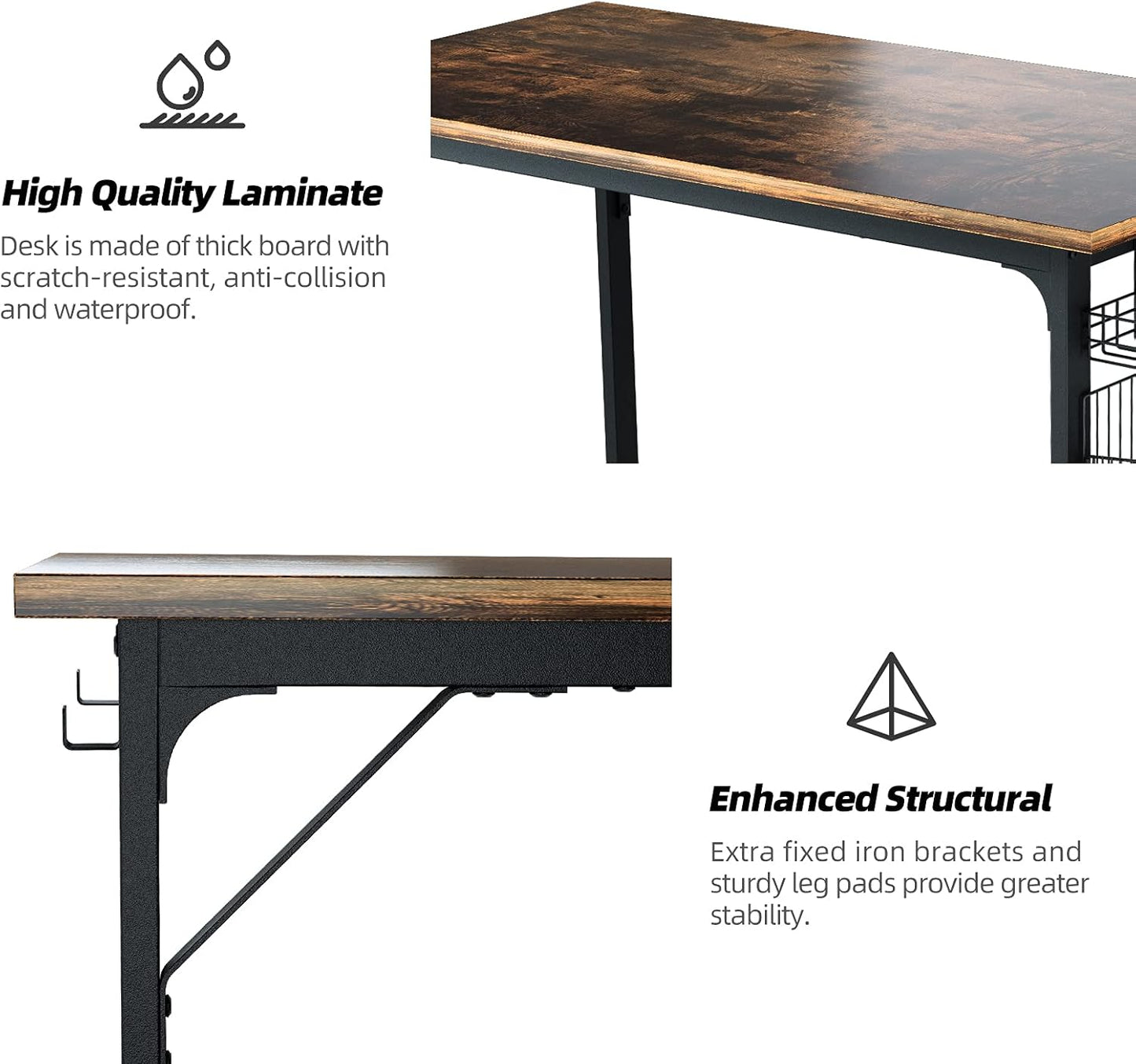 ASTARTH Study Computer Desk-47 Inch Home Office Desk, Wood Storage Table, Modern Writing Style Laptop Table, Black Metal Frame, PC Table with Storage Basket and Headphone Hooks, Rustic Brown, Vintage