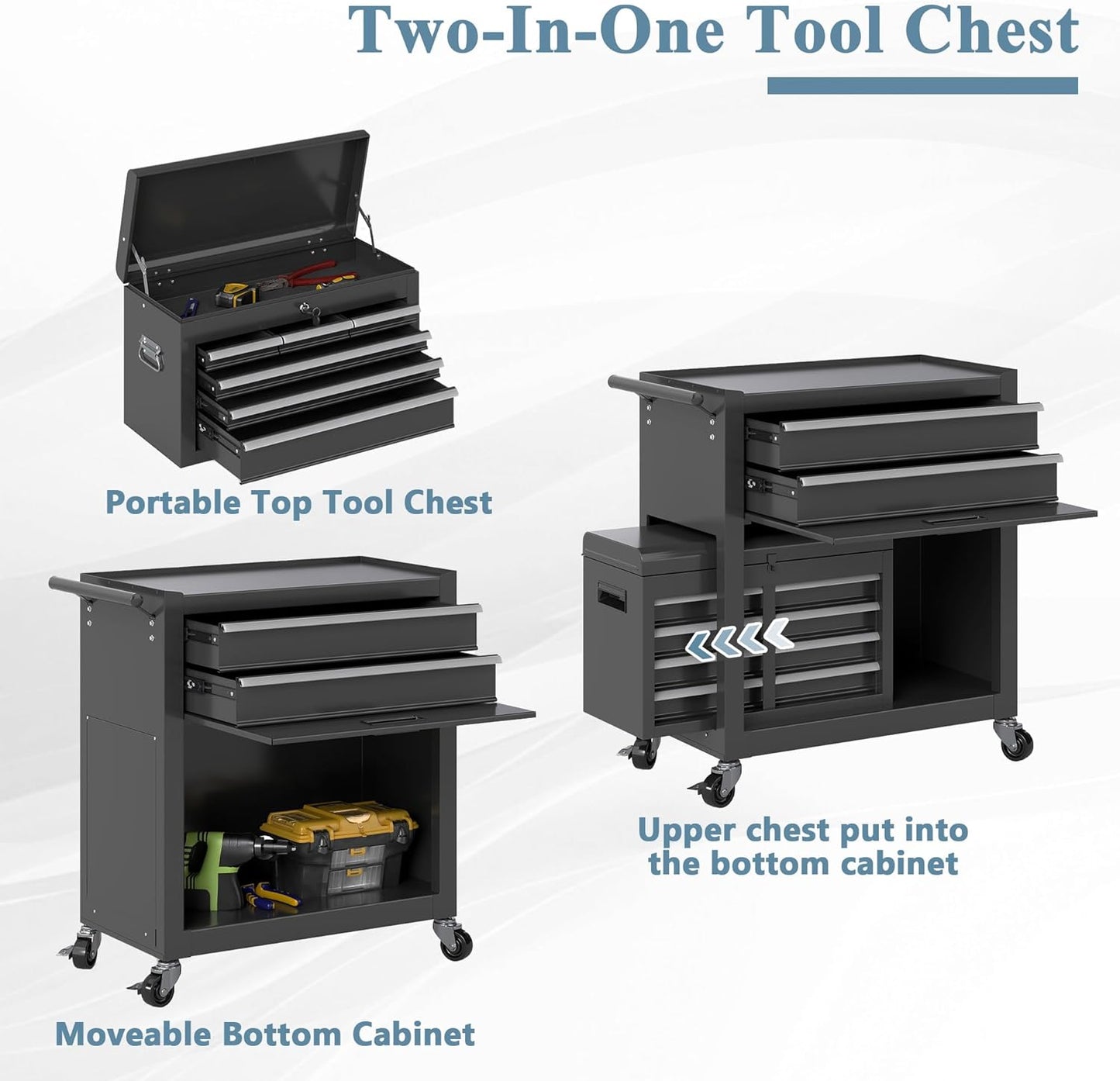 Tool Chest, 8 Drawers Rolling Tool Cabinet, Removable Cabinet Storage Tool Box with Hooks and Liners,Universal Lockable Wheels, Metal Tool Storage Cart, Tool Box for Garage, Workshop