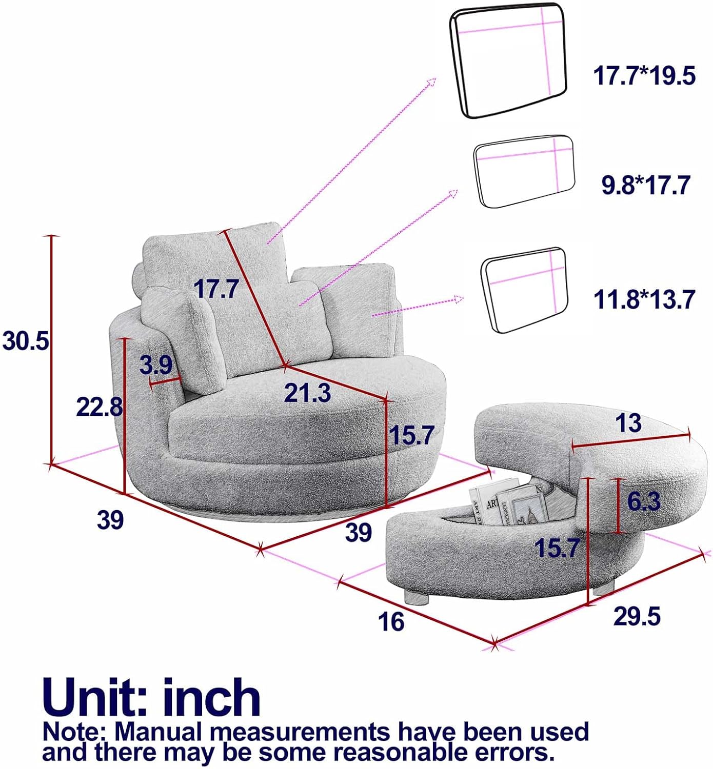 Antetek Swivel Barrel Chair with Storage Ottoman, Club 360 Degree Single Swivel Sofa, Modern Leisure Arm Chair with Head & Back Pillows for Nursery, Living Room, Office, Grey Teddy