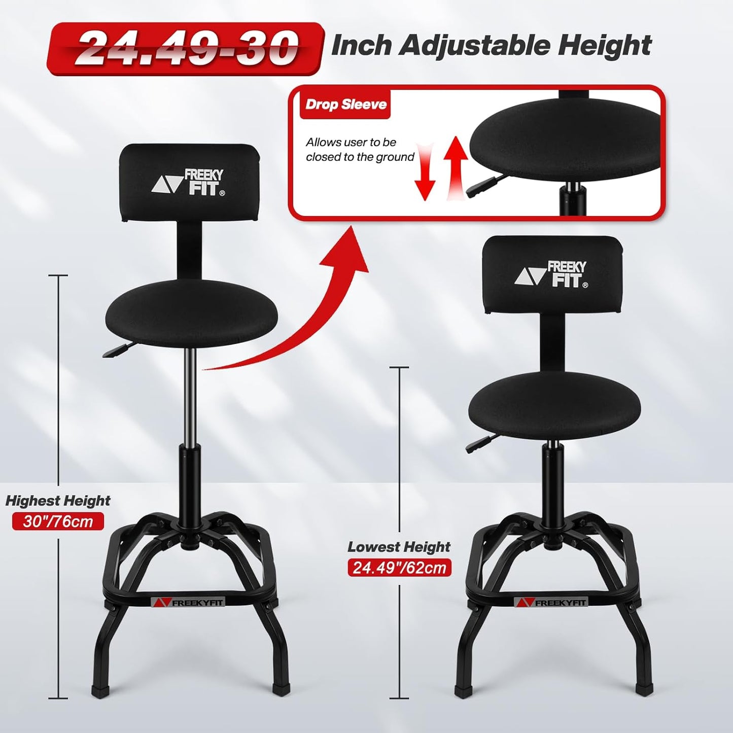 Shop Stool with Backrest, Mechanic Garage Stool for Workshop, Adjustable Shop Stools Chair, Padded Workbench Stools for Men Women, 300 LBS Capacity, 360° Swivel PVC Seat, Heavy Duty, Black