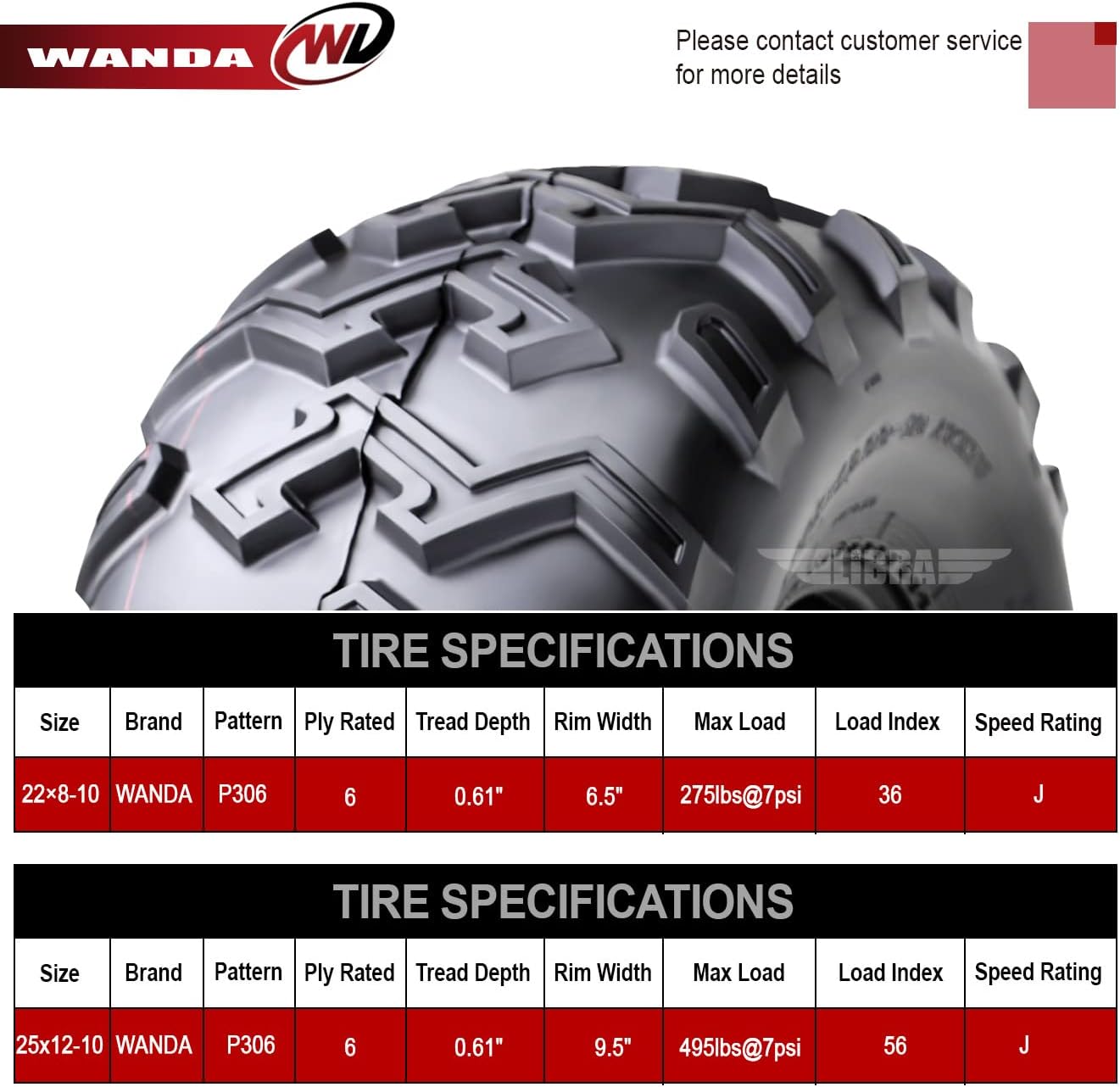 WANDA Set of 4 ATV UTV Tires 22x8-10 Front & 25x12-10 Rear 6PR