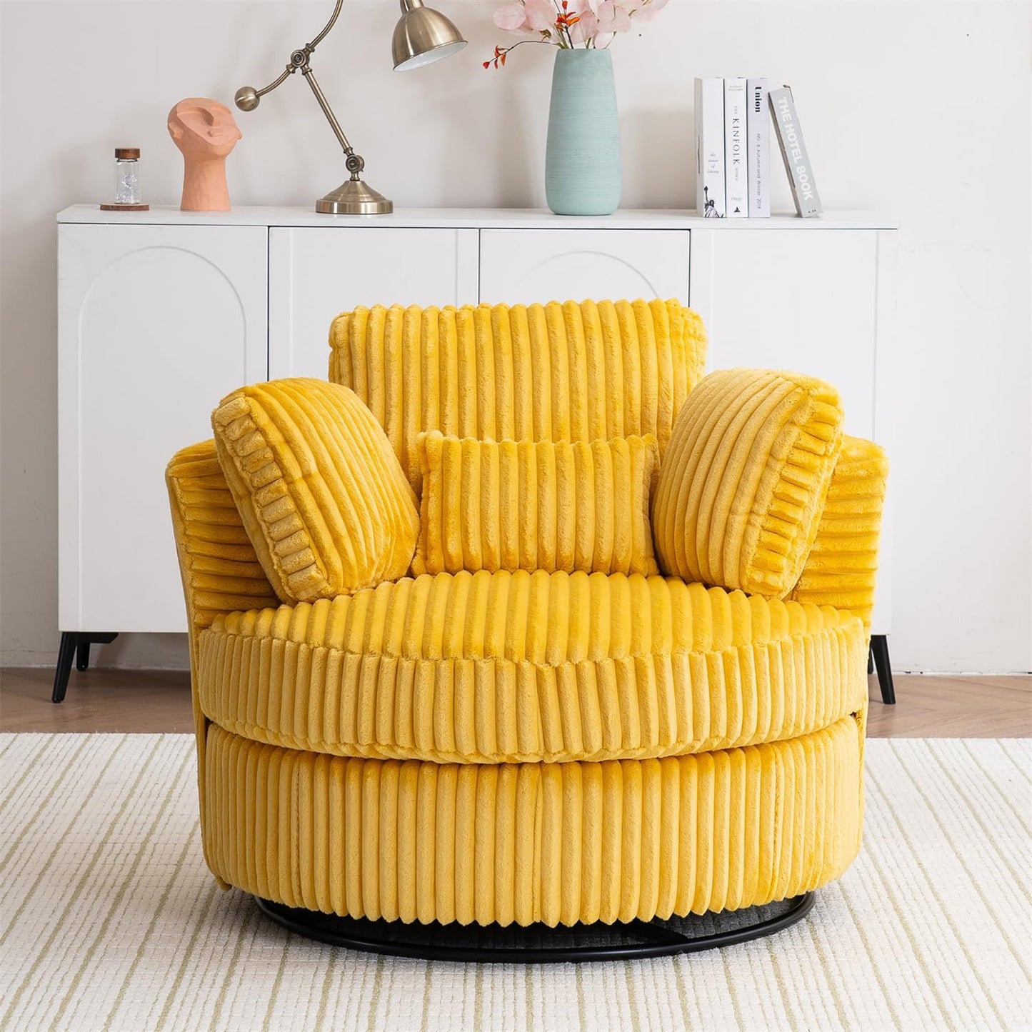 Swivel Barrel Chair with Pillows and Cushions,Corduroy Round Chair with Metal Base for Living Room (White)