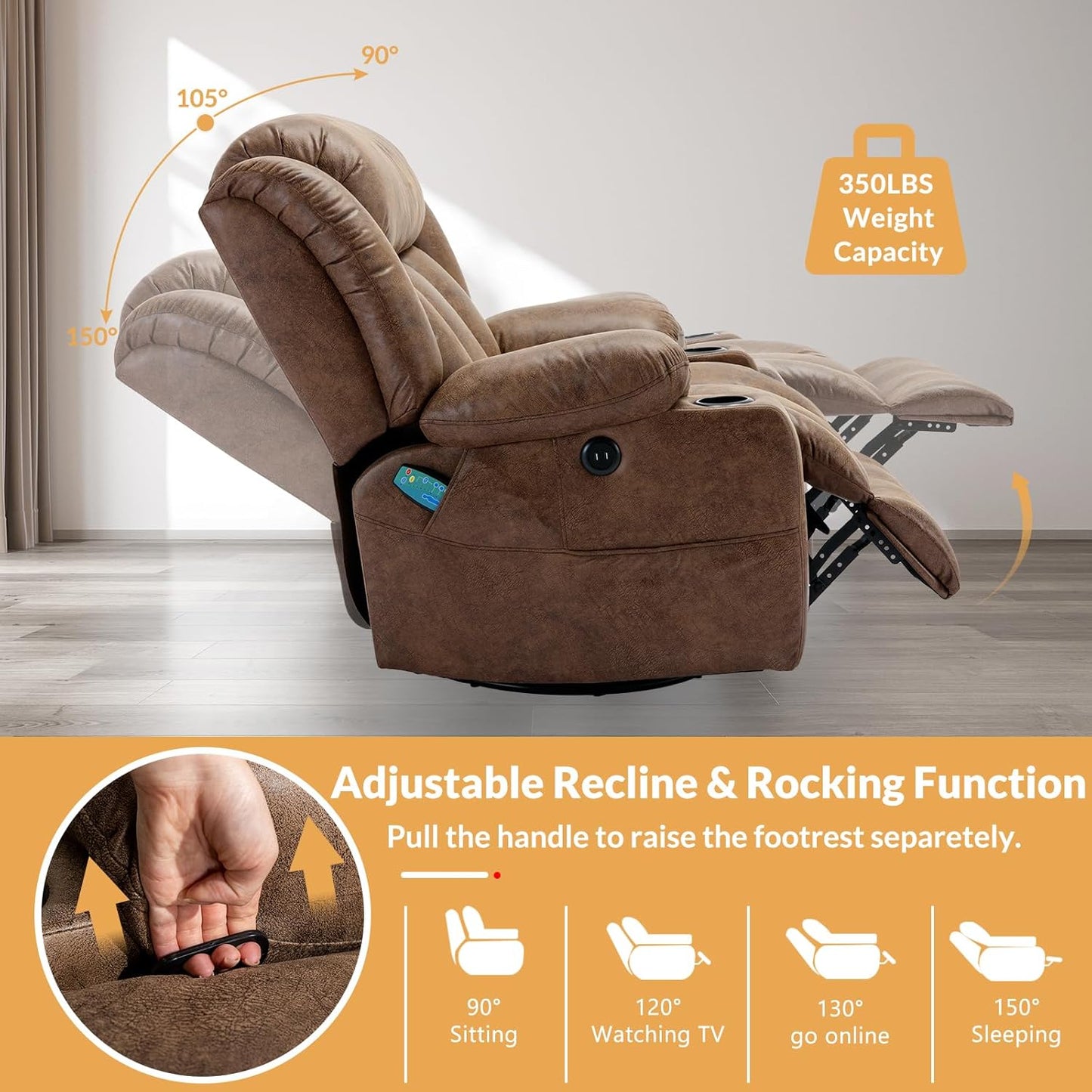 360° Swivel Glider Rocking Recliner Chair, Overstuffed Manual Massage Recliner with Heat and Vibration, Single Modern Sofa Home Theater Seating for Living Room, USB Ports/Cup Holders (Brown)