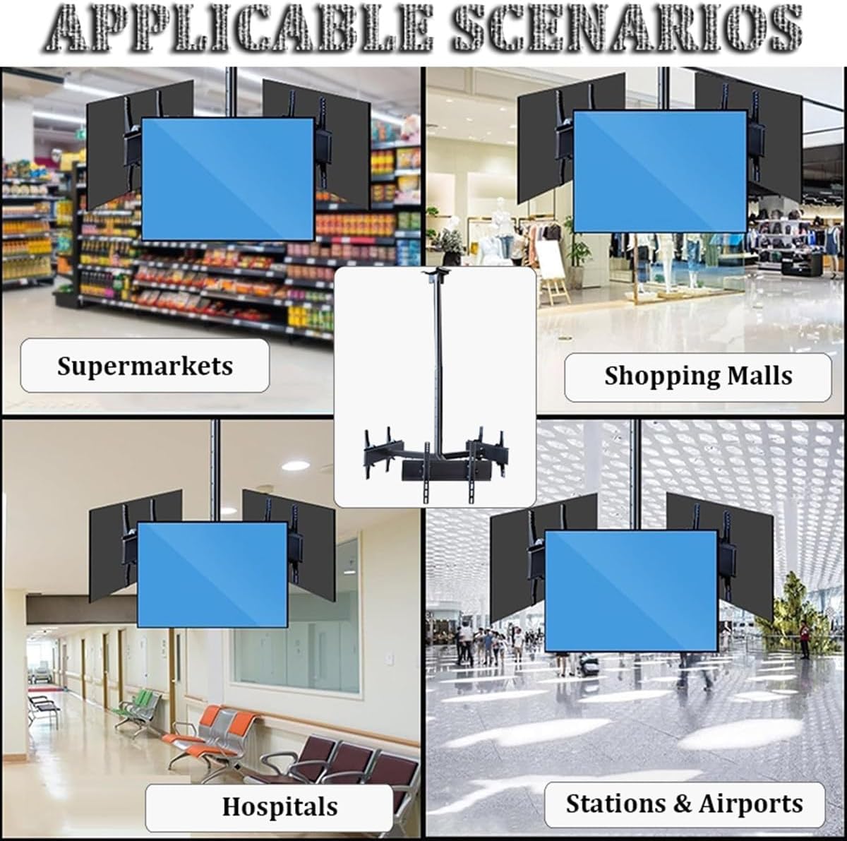 Adjustable Ceiling TV Bracket fits Most 32-75 inch TVs, 3-Sided Ceiling TV Bracket Telescopic Range 1.2-2 Meters, Suitable for Stations, airports, supermarkets