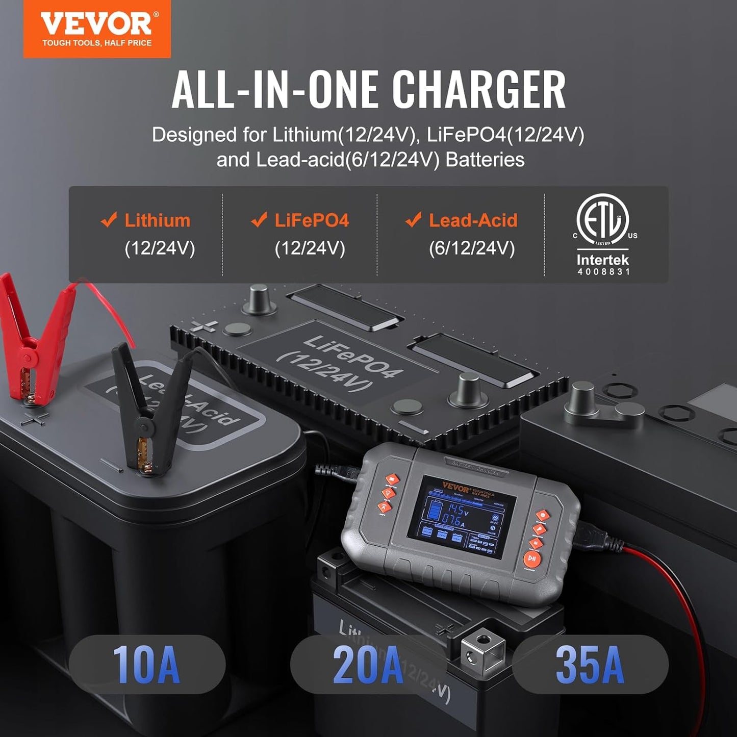 VEVOR Smart Battery Charger, 35-Amp, Lithium LiFePO4 Lead-Acid (AGM/Gel/SLA) Car Battery Charger with LCD Display, Trickle Charger Maintainer Desulfator for Boat Motorcycle Lawn Mower Deep Cycle