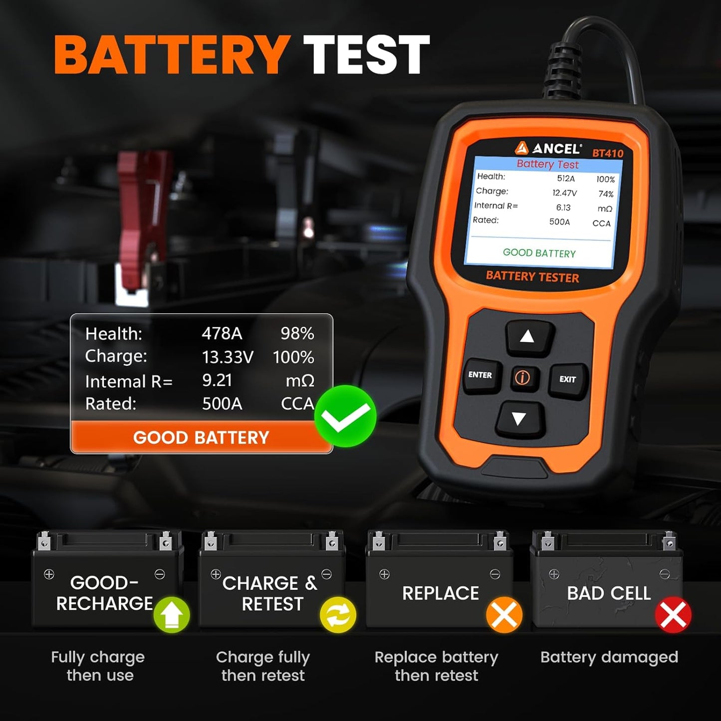 ANCEL BT410 12V/24V Car Battery Tester for Lead-Acid & Lithium Batteries 100-2000 CCA Automotive Battery Analyzer Health Cranking Charging Test for Car, Truck, SUV, RV, Boat
