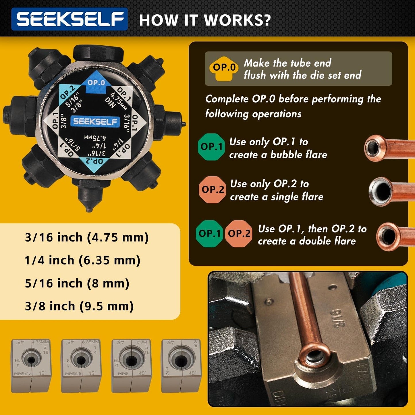 Brake Line Flaring Tool Kit for 45 Degree Single, Double and Bubble Flares, 3/16", 1/4", 5/16", 3/8" and 4.75mm Steel Copper Metal Tubing, with Tubing Cutter, Black