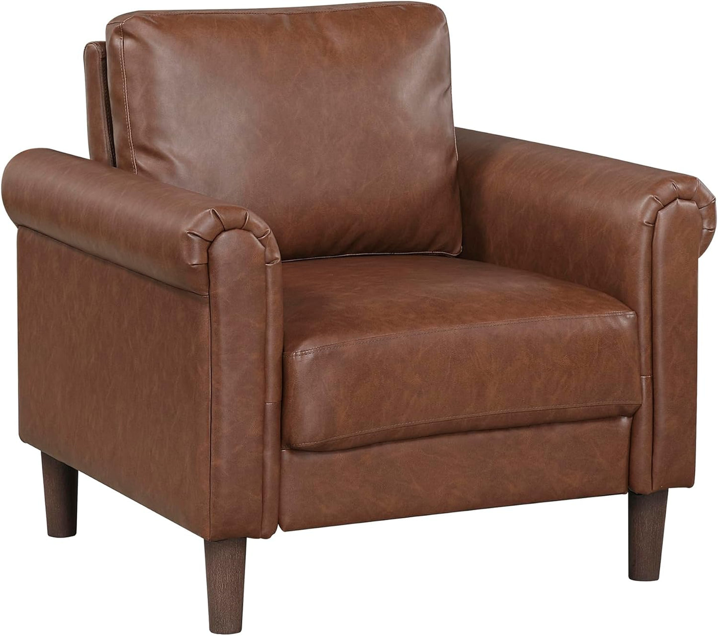 Lexicon 35" W Living Room Accent Chair, Faux Leather Upholstered Armchair with Rolled Arm for Bedroom/Office/Waiting Room, Single Sofa Chair, Chocolate
