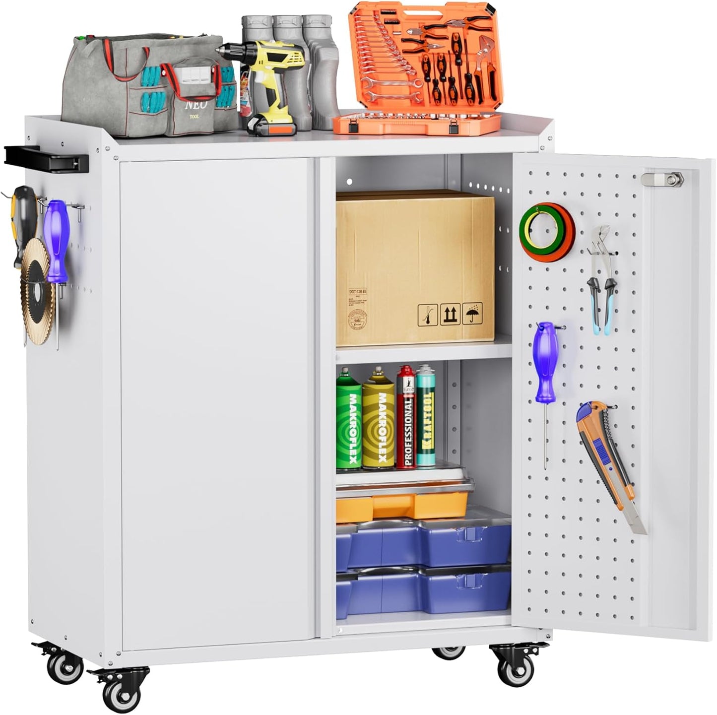 Aobabo Garage Storage Cabinet with Door Pegboard,Lockable Metal Storage Cabinet with 5 Adjustable Shelves for Garage Home,Required Assembly,Black