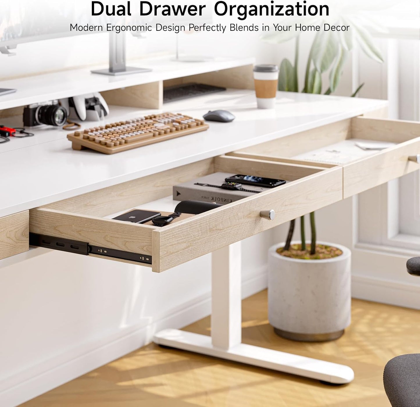 Standing Desk with Drawers, 63x23.6 Inch Electric Stand Up Desk with Storage Shelf and Memory Controller, Sit Stand Desk Adjustable Height from 28-46 Inch for Computer Workstation, White
