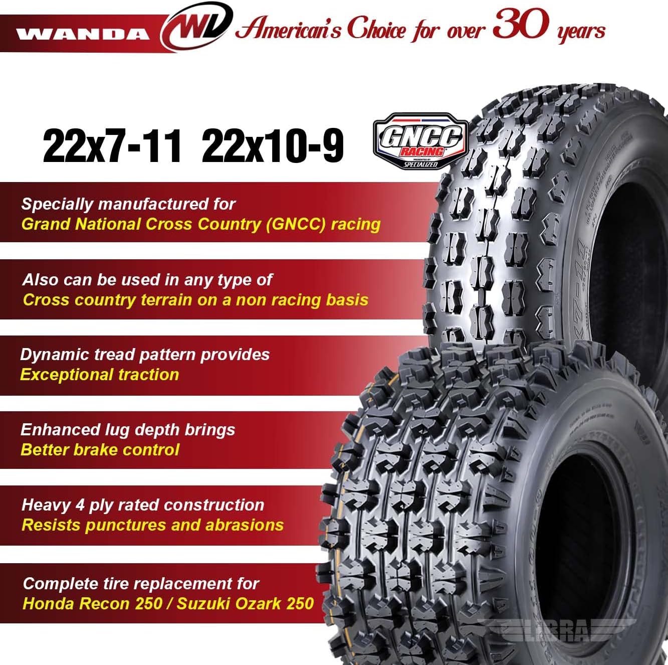 WANDA (Set 4) Sport ATV Tires 22x7-11 Front & 22x10-9 Rear GNCC (Grand National Cross Country) Race Tires Compatible for Honda Recon 250 Suzuki Ozark 250
