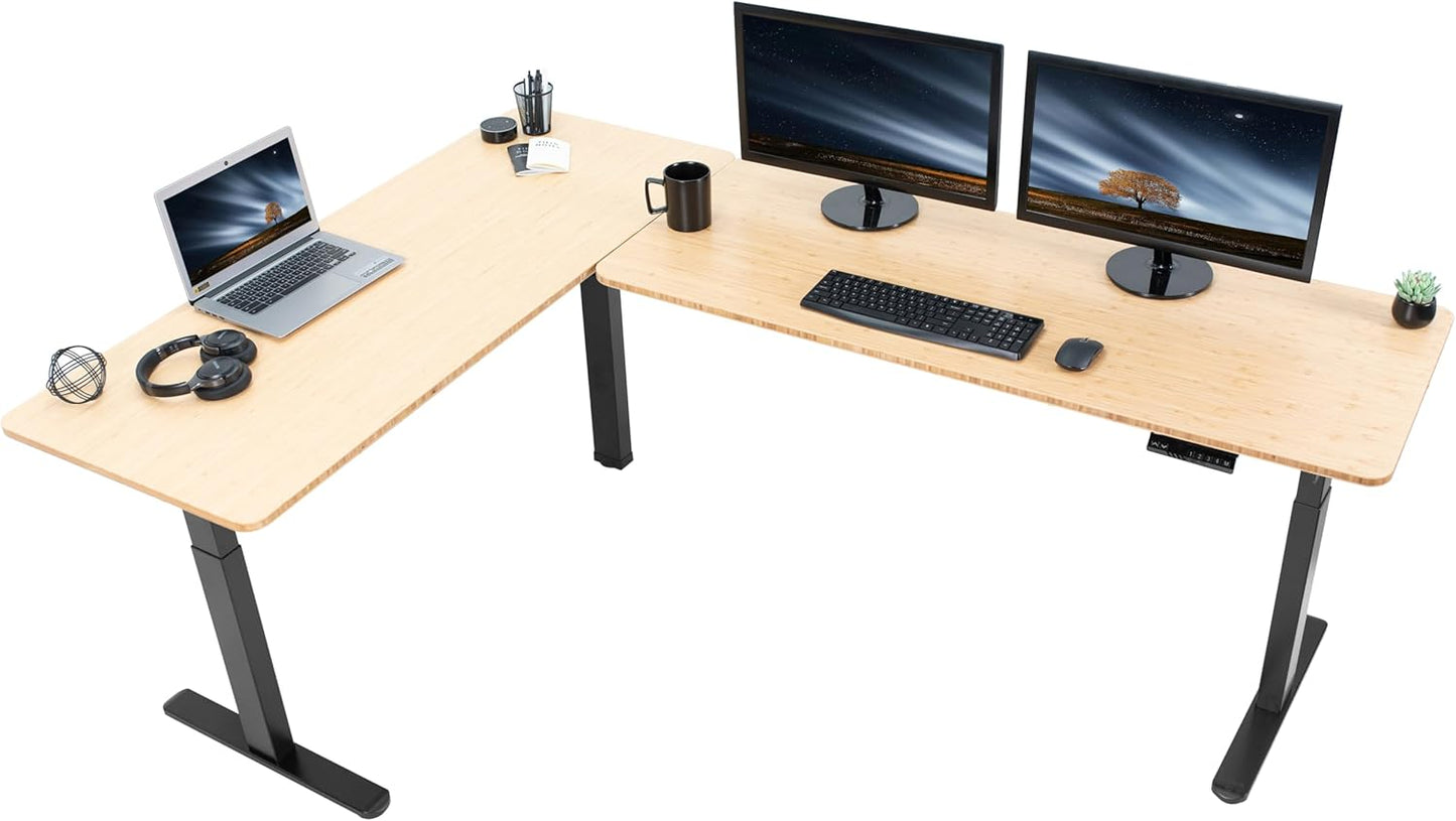 VIVO Electric Height Adjustable 83 x 60 inch Corner Stand Up Desk, 2 Light Wood Solid Table Tops, White Frame, Memory Controller, L-Shaped Workstation, 3E Series, DESK-KIT-3E8C