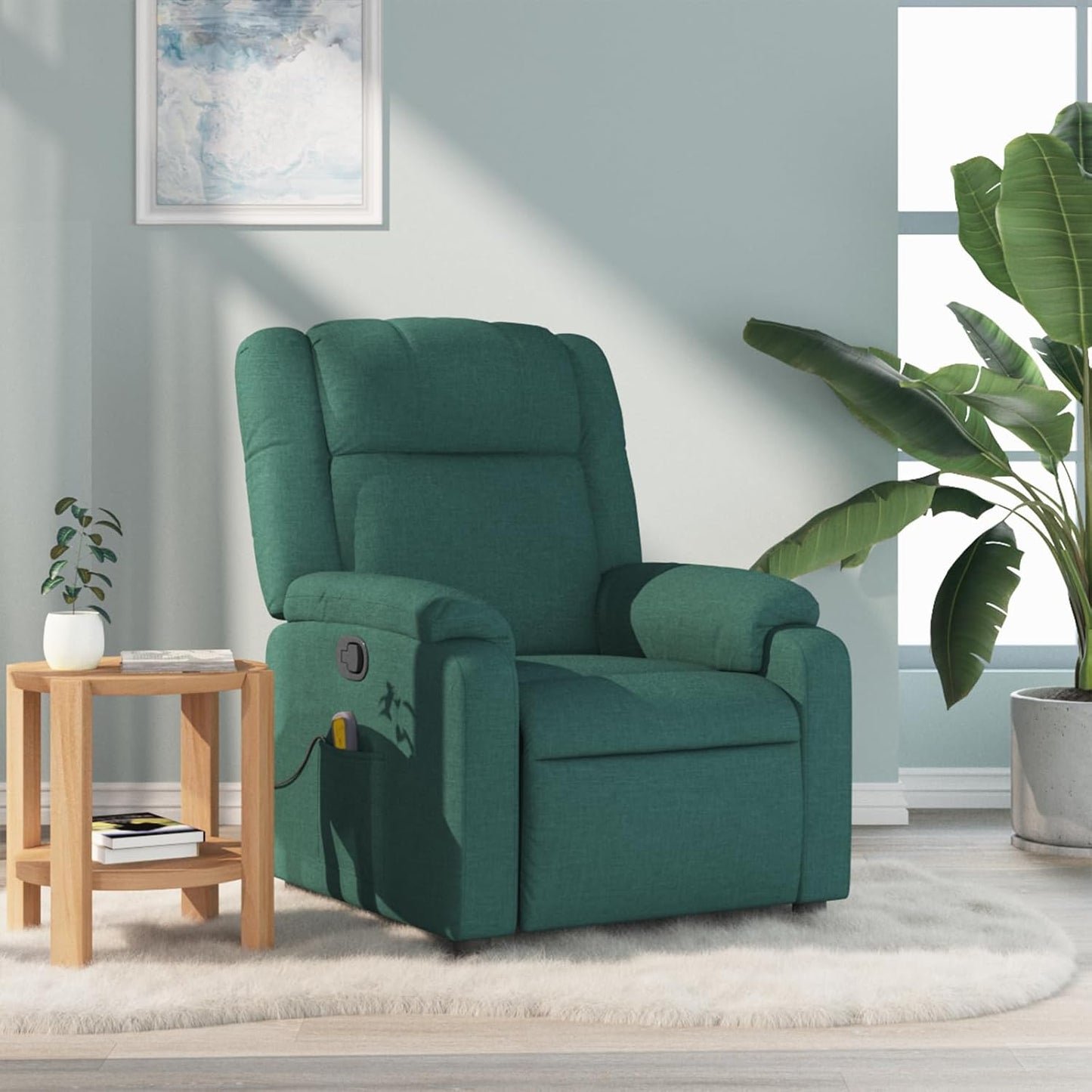 vidaXL Massage Recliner Chair for Living Room, Adjustable Recliner with 6-Point Vibration Massage, Home Theater Seating with Padded Seat Backrest & Side Pocket, Dark Green Fabric