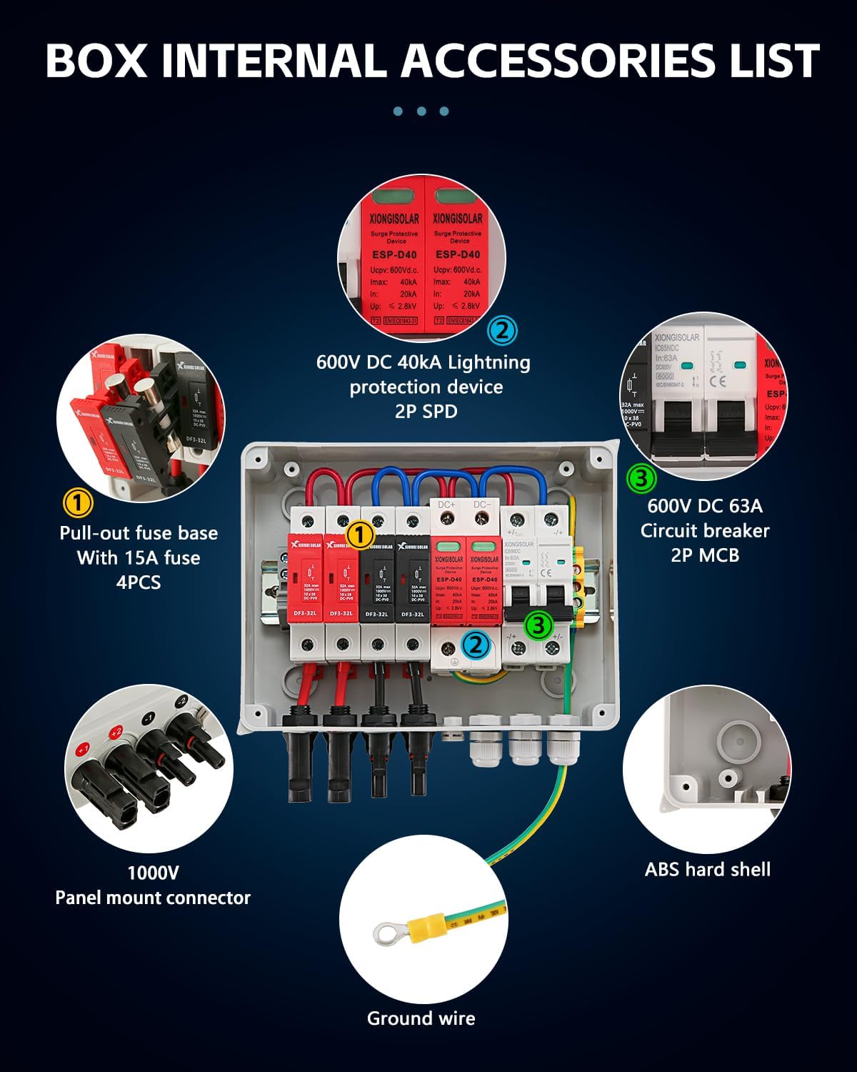 VOU 600V Solar DC PV Combiner Box,2 String with Lightning Arrester Connector for On/Off Grid Solar Panel System,2 Input 1 Out 15A Rated Current Fuse,63A Circuit Breaker,IP65 Waterproof,MCB,SPD