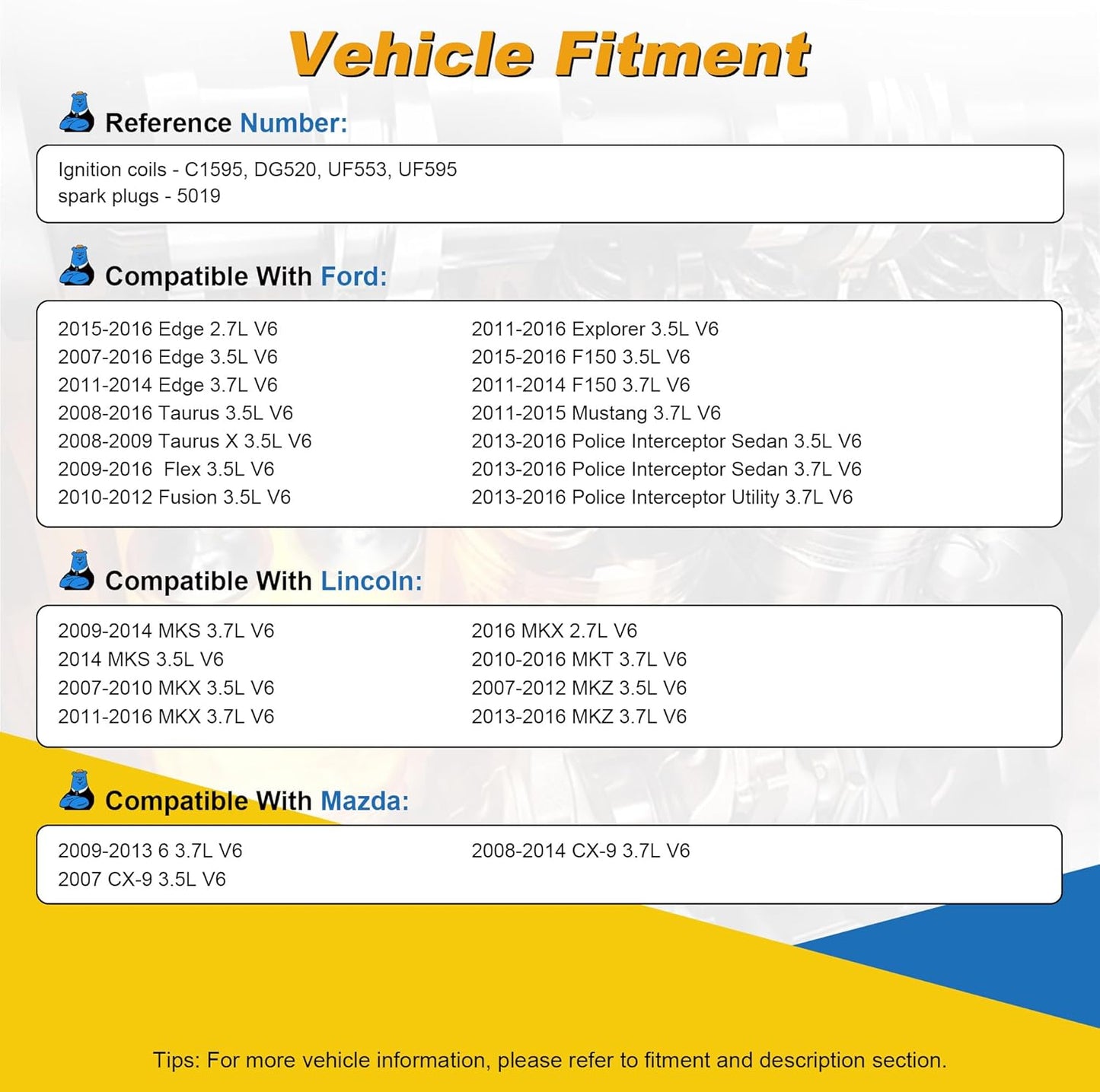 UF553 Ignition Coils Pack and Spark Plugs 5019 LTR5GP UF595 DG520 Compatible with Ford F-150 Explorer Taurus Edge Lincoln MKS MKT MKZ MKX Mercury Sable 3.5L 3.7L V6 2008-2016,Pack of 6