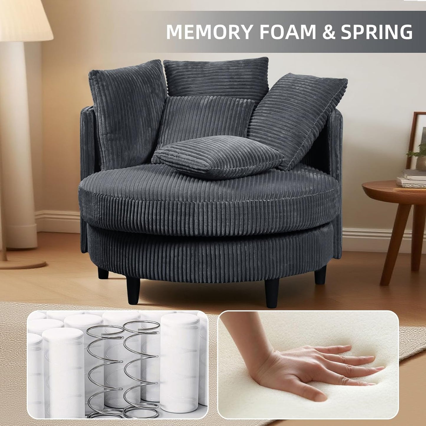 41" Oversized Accent Barrel Chair Large Round Chair, Modern Upholstered Circle Accent Chair with Legs & 5 Pillows for Living Room, Bedroom, Corduroy Chair, Grey