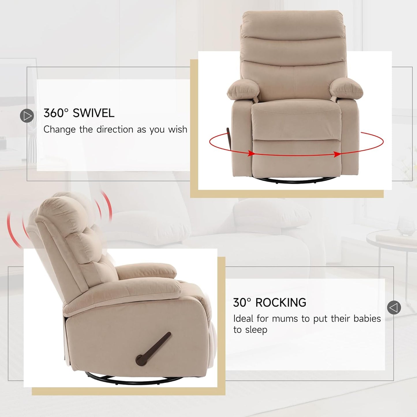Swivel Rocker Recliner Chair for Adults, Rocking Chair Recliner for Nursery, Small Recliners for Small Spaces, Living Room, RV, Beige